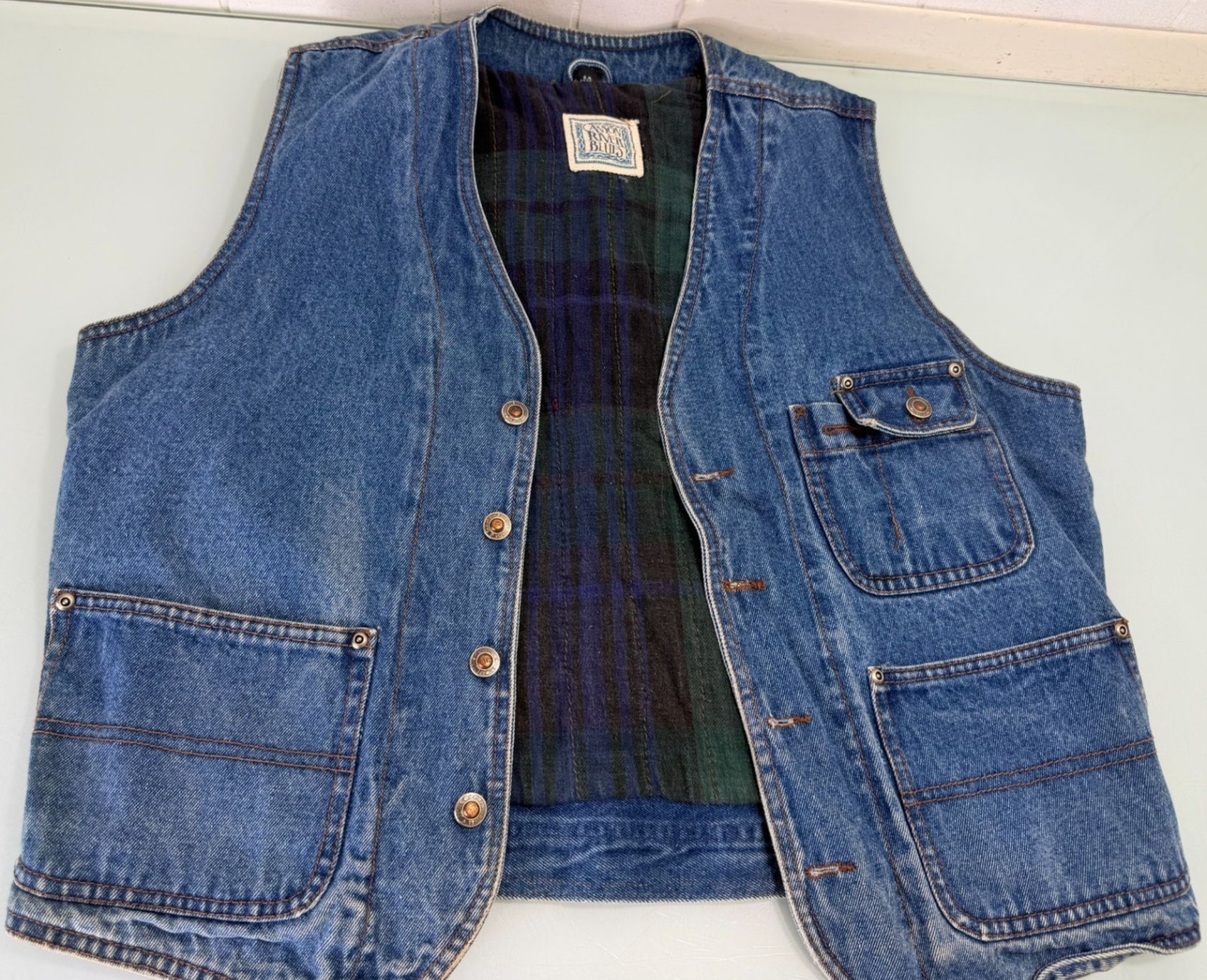 Vintage Canyon River Blues Denim Vest Mens Medium M Flannel Lined Sleeveless