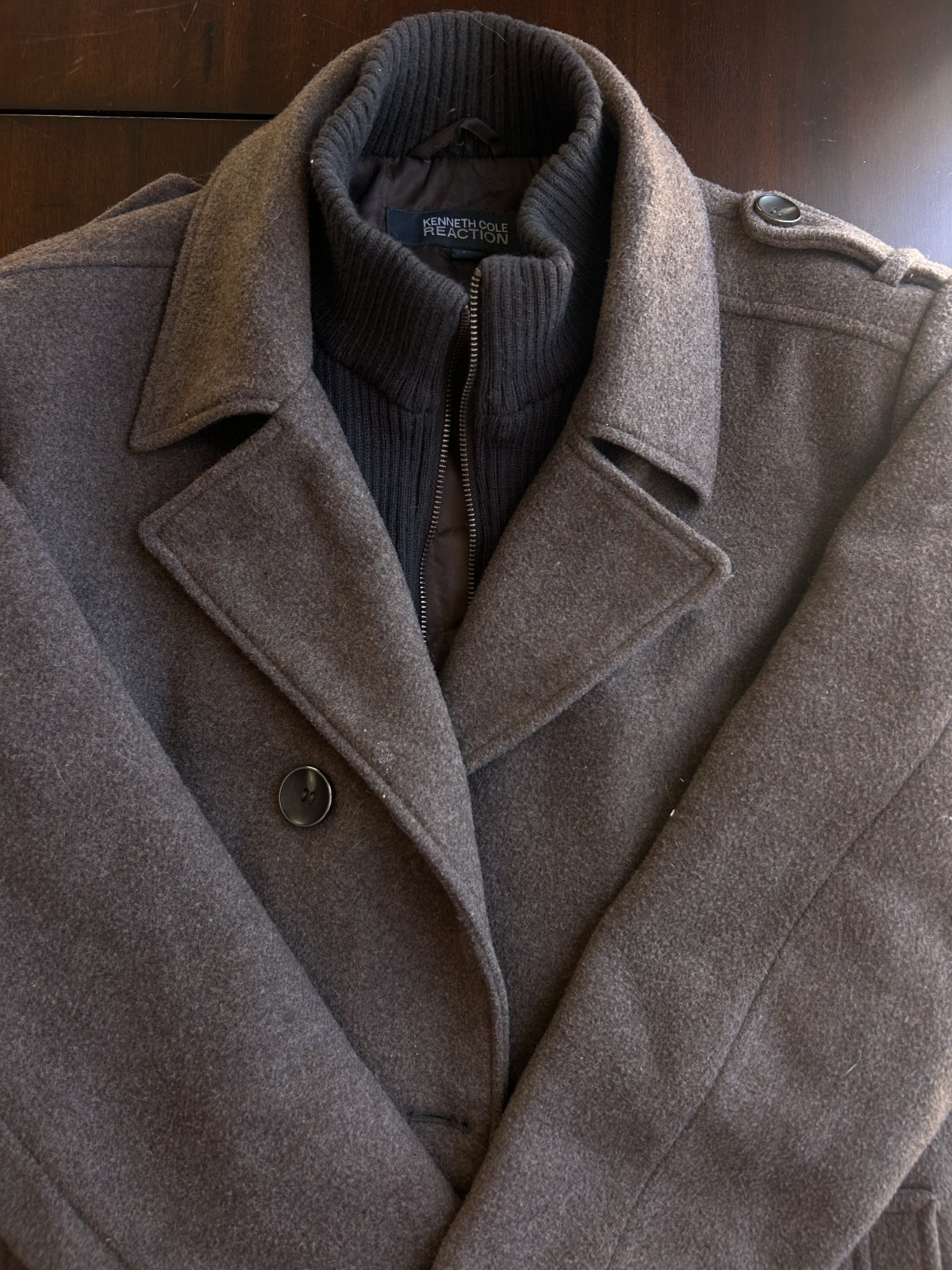 Kenneth Cole Reaction Men’s Wool Blend Pea Coat Brown Size M Layered Bib