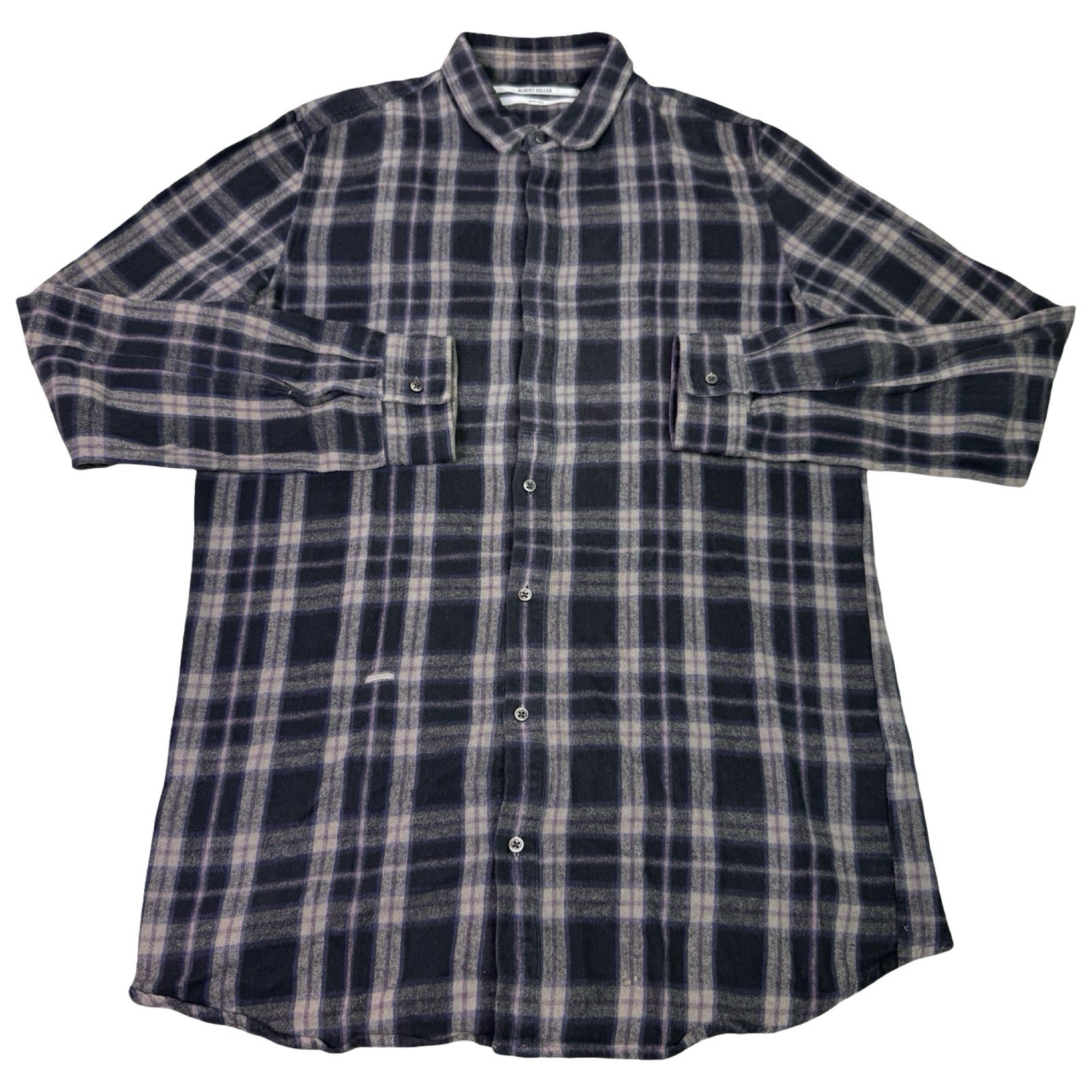 Robert Geller Shirt Men’s 52 Black Purple Plaid Lightweight Flannel Long Front