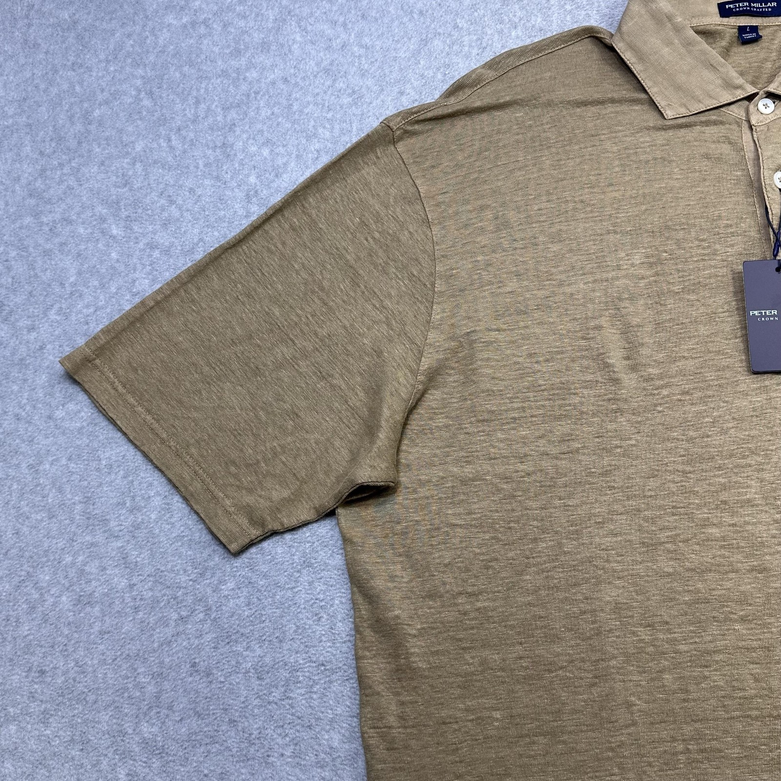 Peter Millar Greystone Polo Shirt Mens Large Beige Linen Crown Crafted Summer