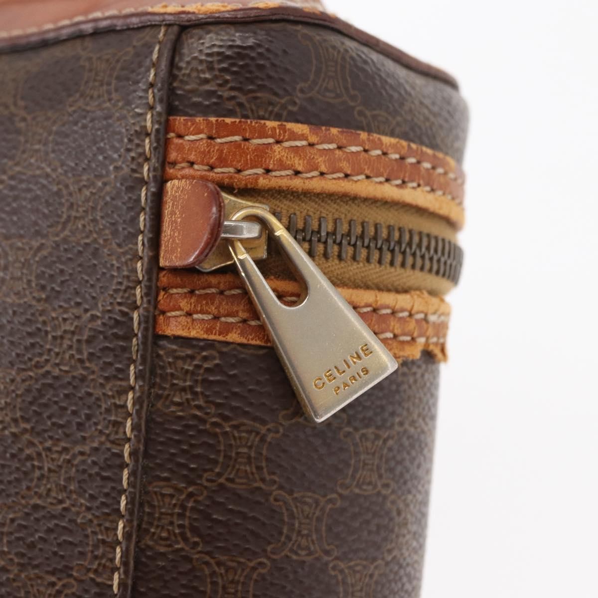 CELINE Macadam Canvas Vanity Pouch PVC Leather Brown Gold Auth ep12322