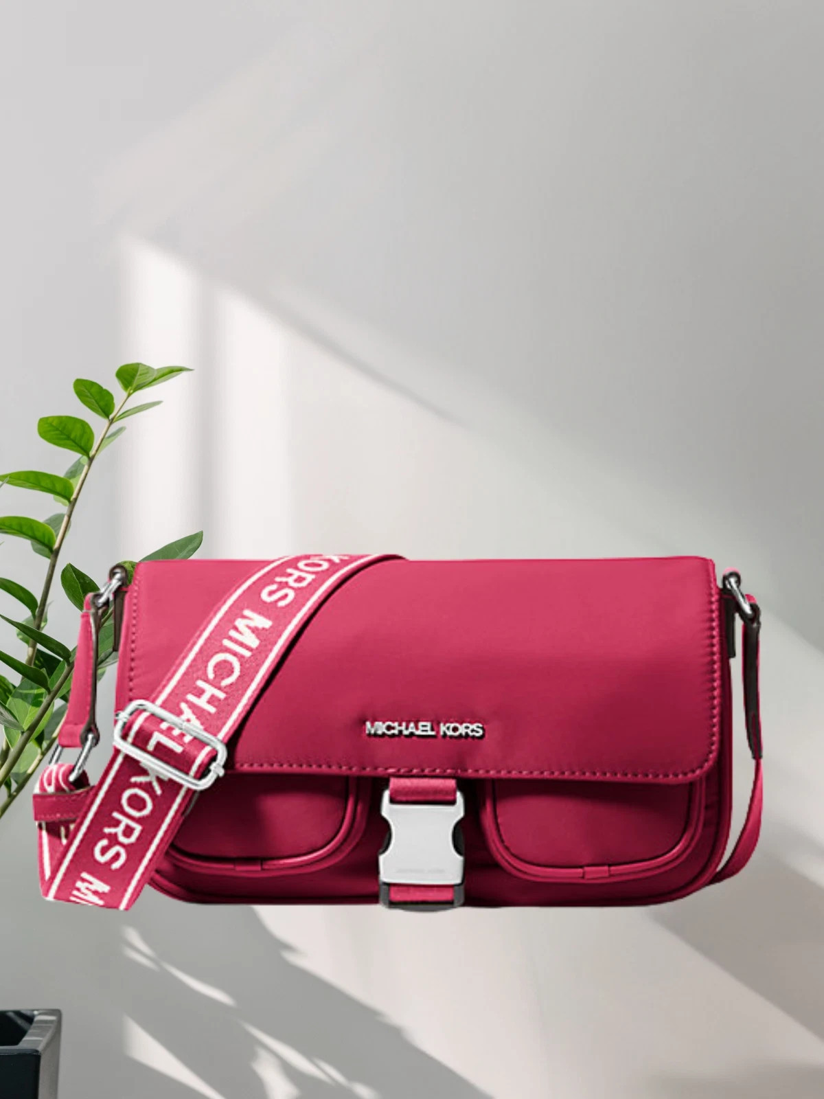 Michael Kors Khai Medium Nylon Double Pocket Flap Messenger Bag Dark Raspberry