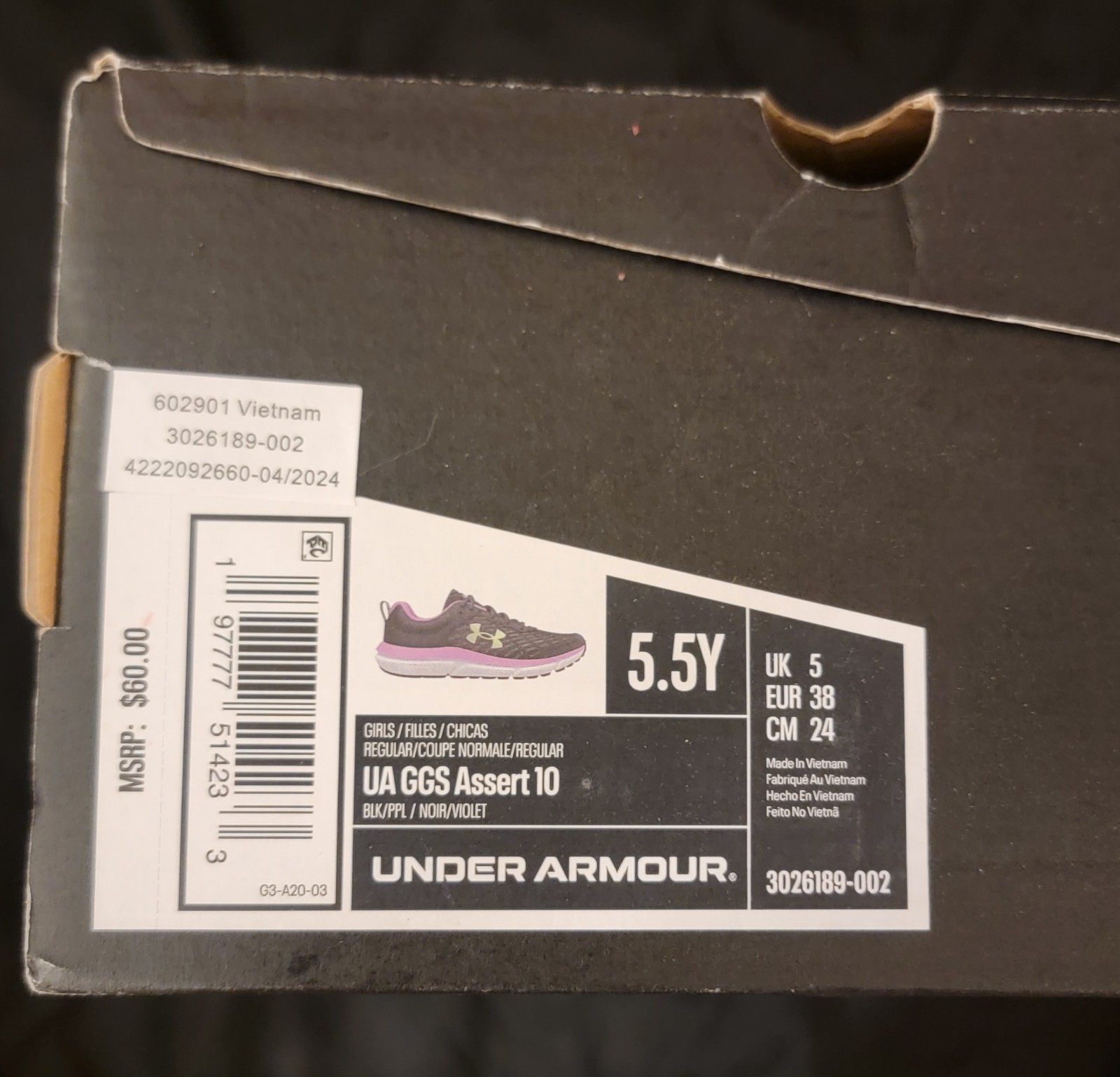 NEW! Under Armour UA GGS Assert 10 Sneakers 5.5Y Purple & Black Youth Athletic