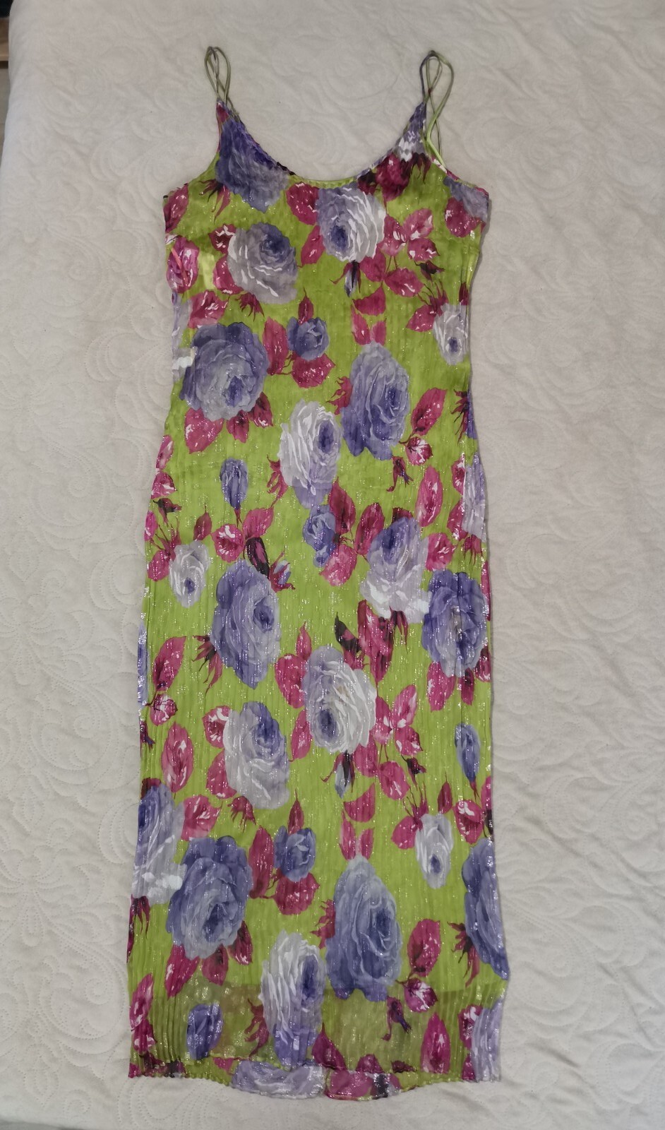 🆓US🛃 vtg 2000 Dolce&Gabbana floral printed Corrugated pleated Silk Dress IT 44