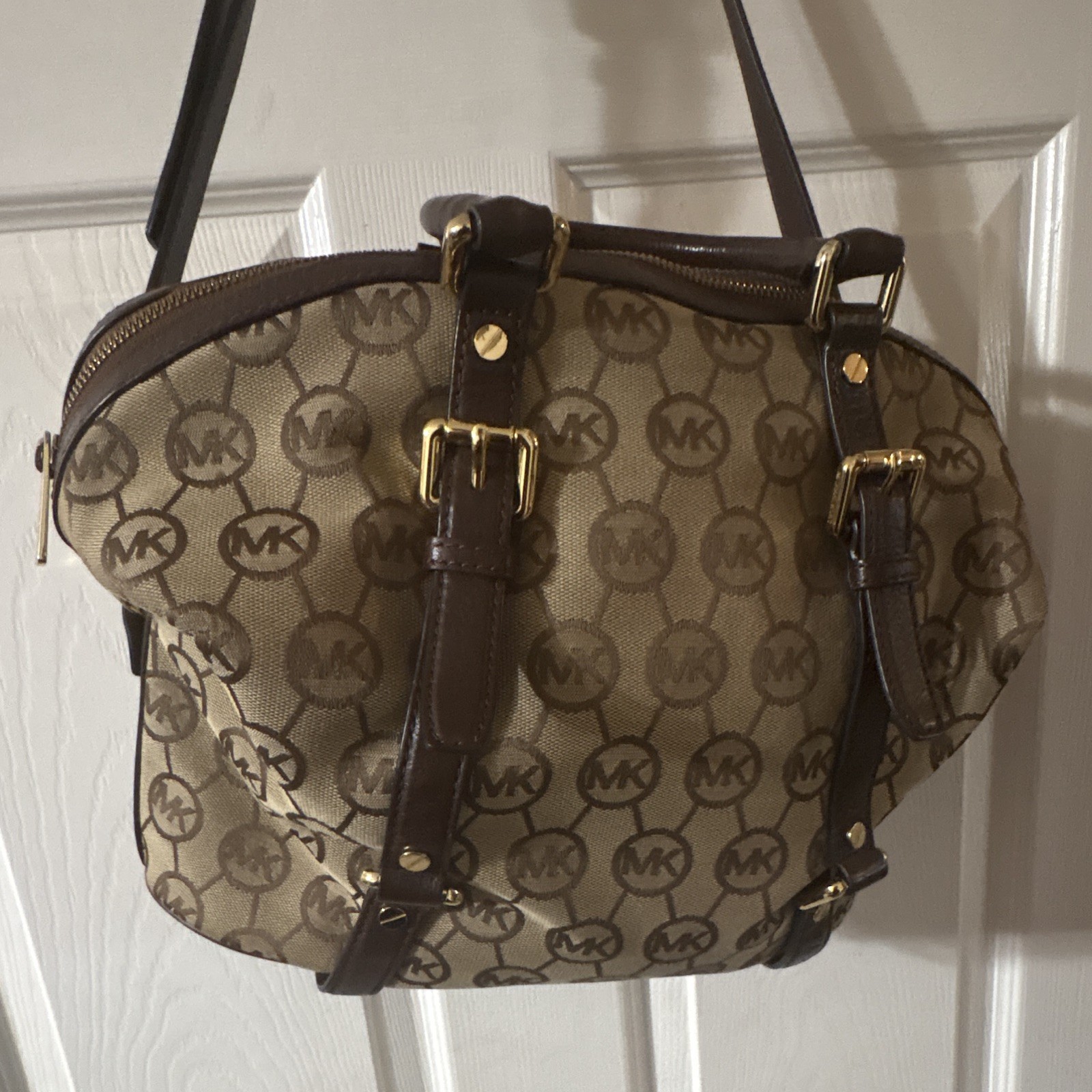 Michael Kors Logo Satchel Top Handle Zip, Beige/Brown, Gold Hardware, Lined