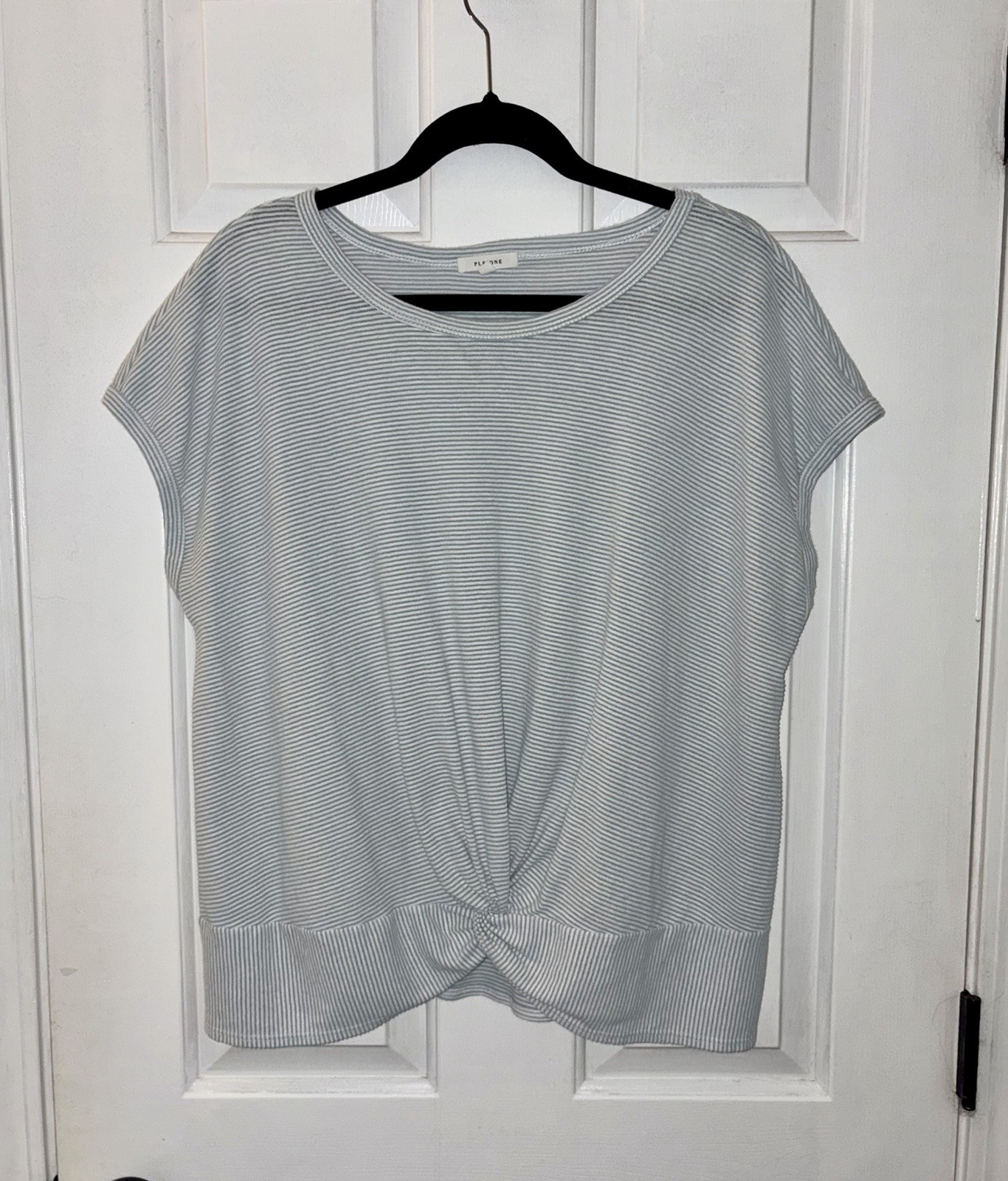 Pleione Blue & White Striped Cotton Women’s Short Sleeve Twist Tee T-Shirt Top