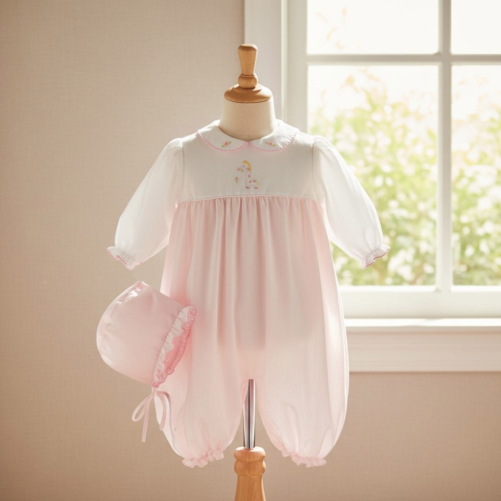 NWT Petit Ami Pink Giraffe Newborn Convertible Gown to Romper Hat Baby Girls NB
