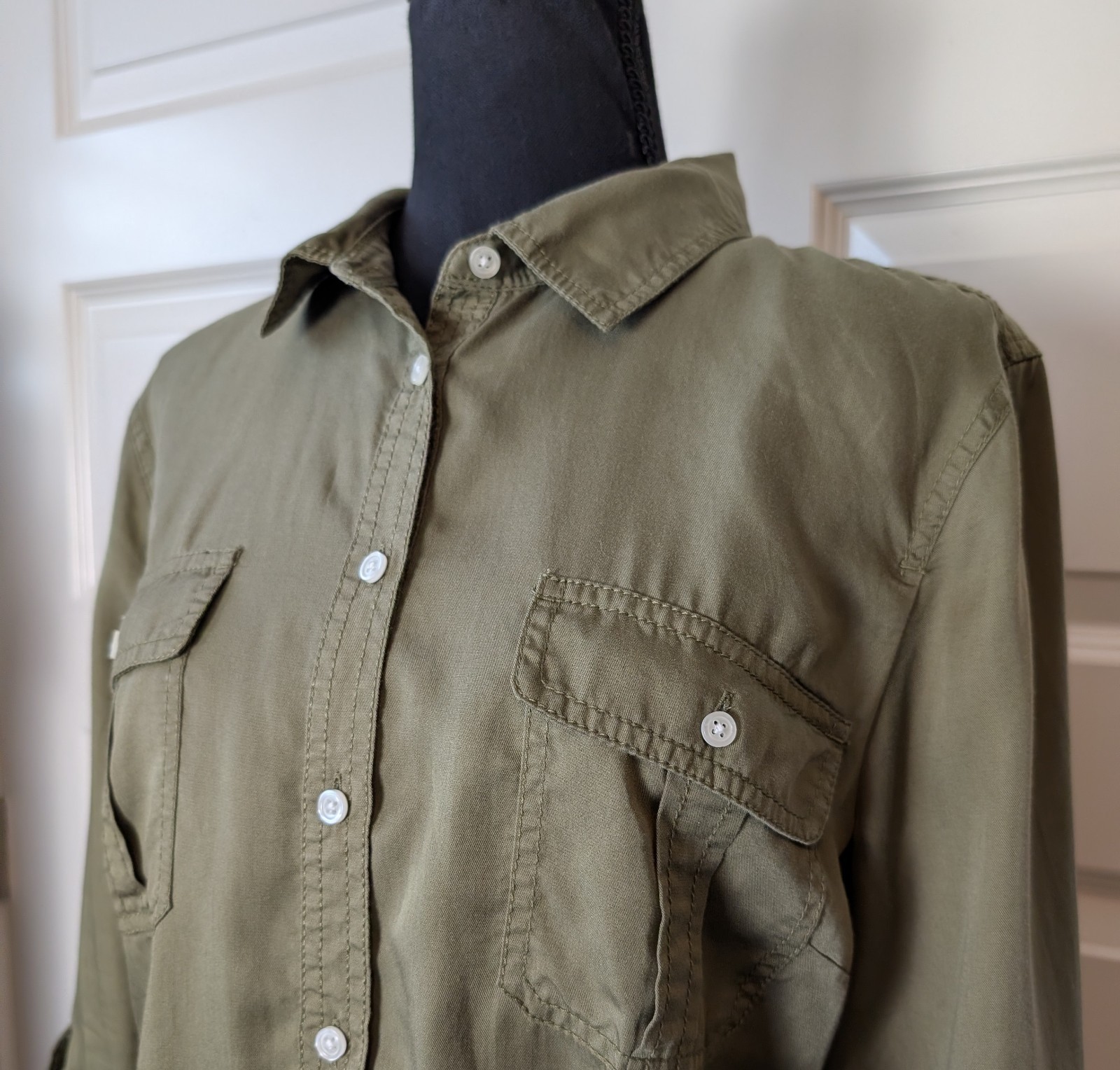 NWOT Talbots Size XL Petite Utility Blouse Roll Tab Sleeves Lyocell Safari