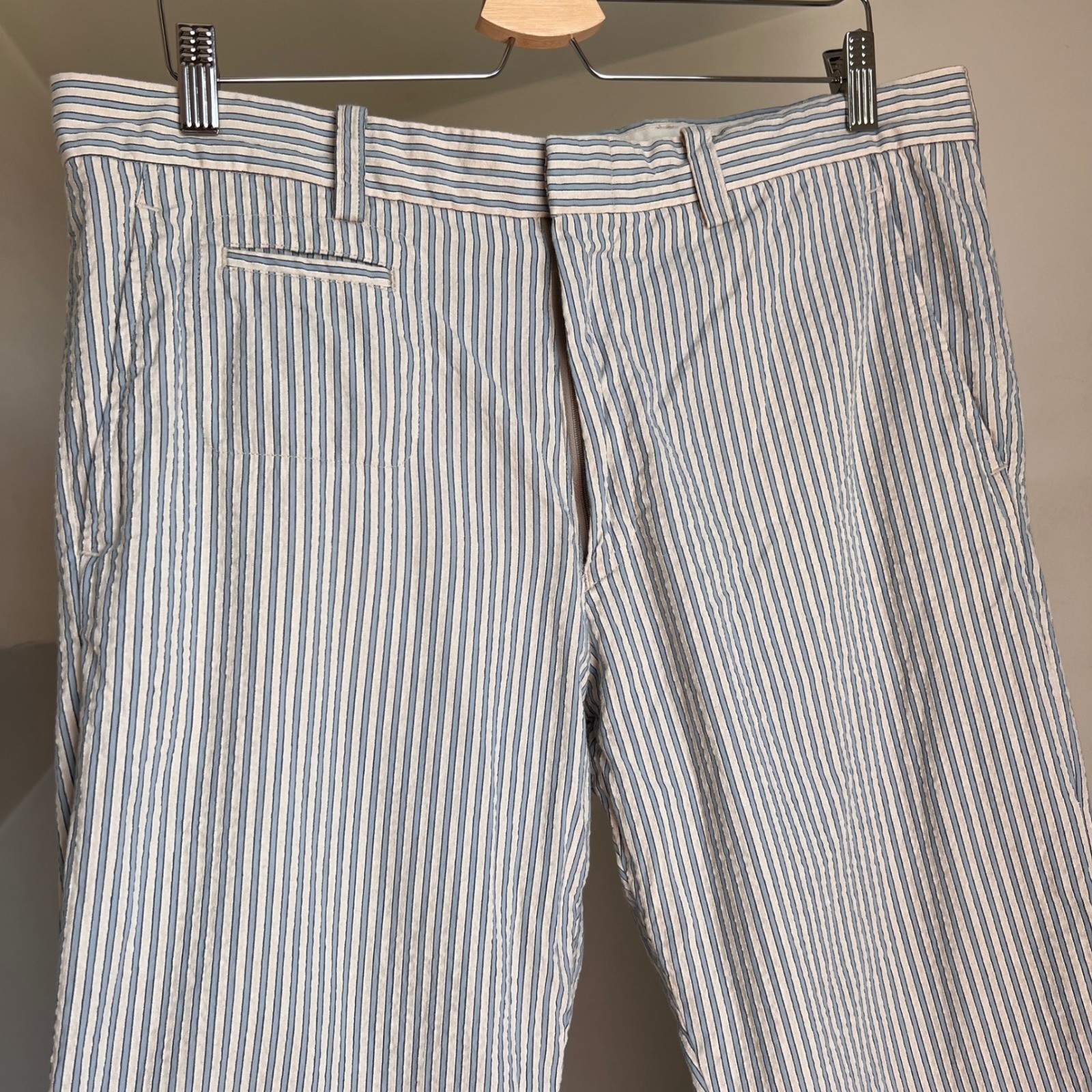 ts(s) Striped Seersucker Trousers Size 36 Blue White Made in Japan Cotton Pants