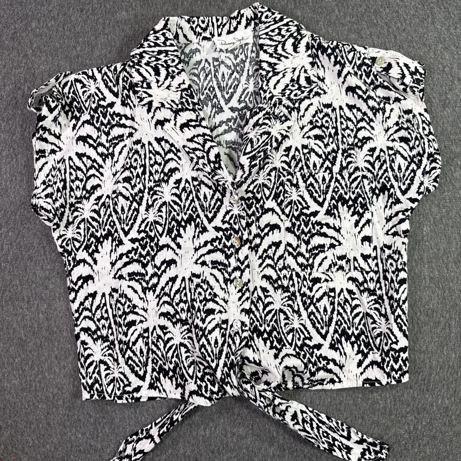 Panama Jack Linen Blend Tie Front Button Up Shirt Women’s XS Black White Floral