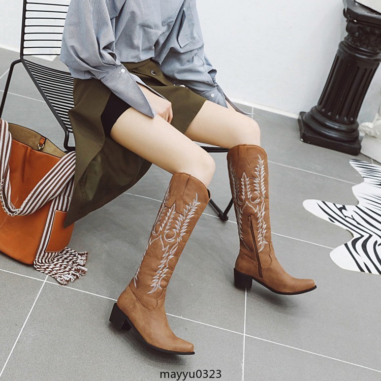 Womens Embossed Zip Mid Block Heel Cowgirl Mid Calf Knee High Boots Western PLus