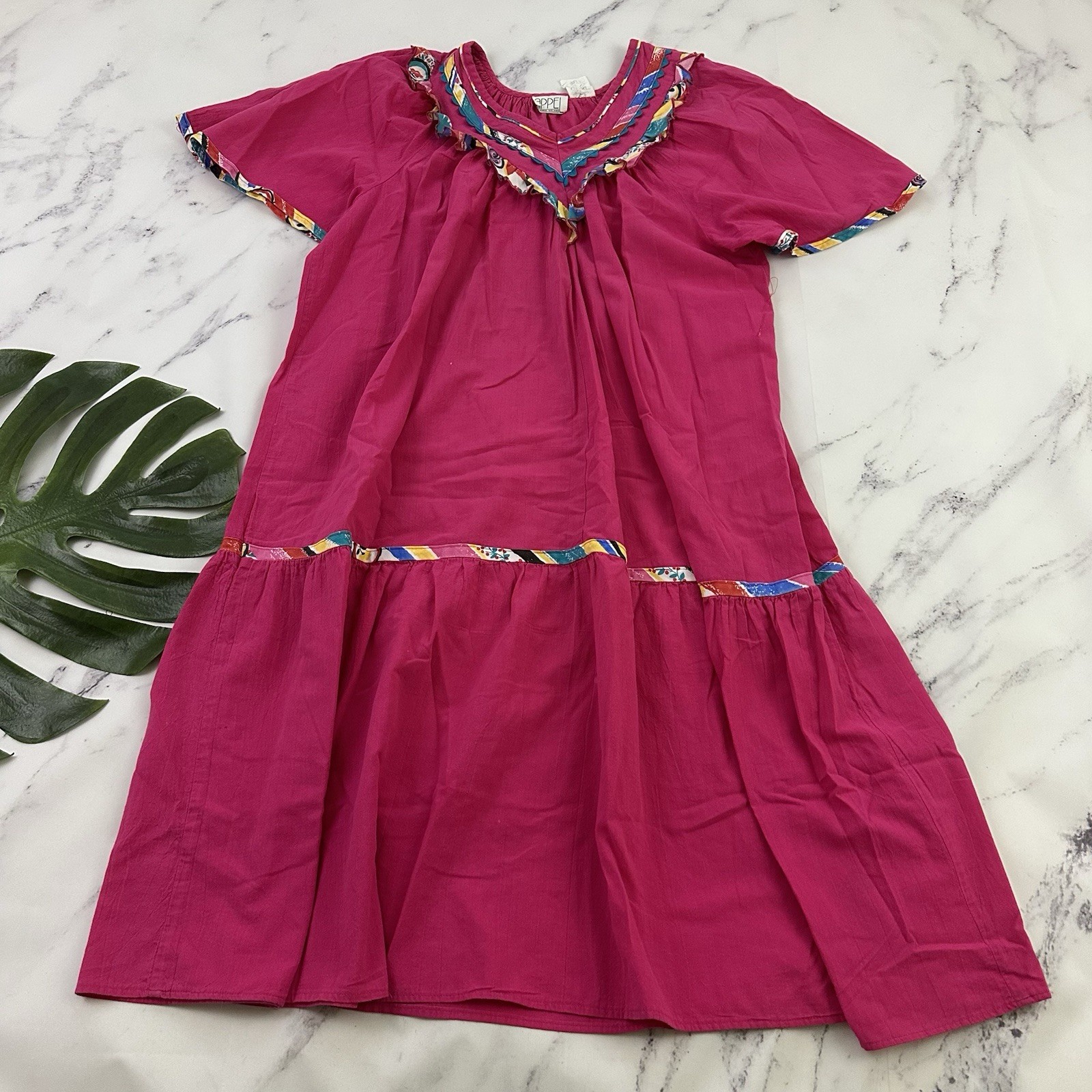 Appel Womens Vintage 80s House Dress Muumuu Size S Pink Colorful Ruffles Cotton