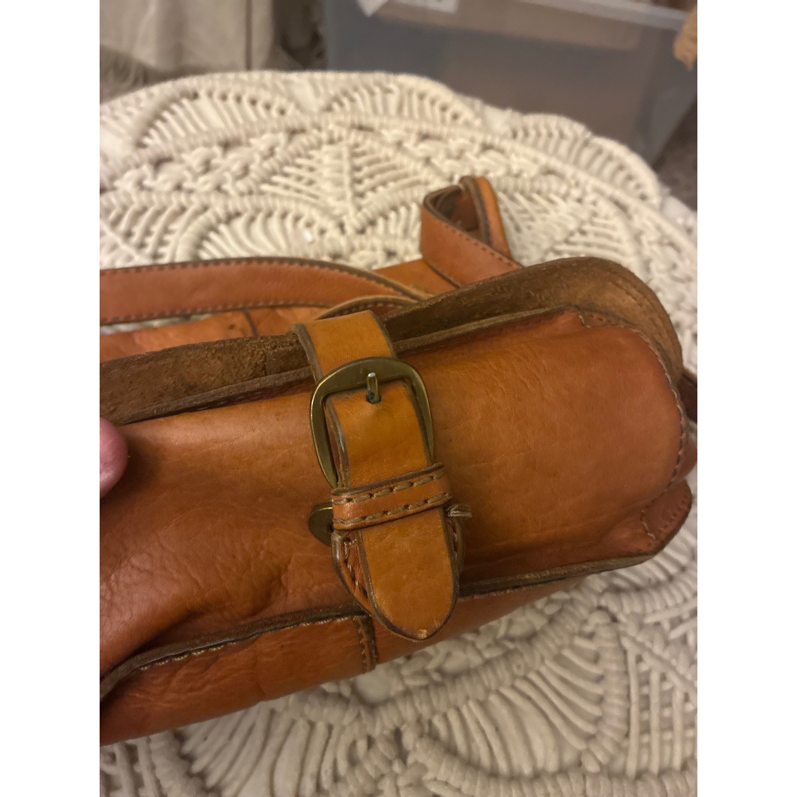 Lucky Brand Brown Leather Crossbody Saddle Bag Whipstitch Boho Cognac