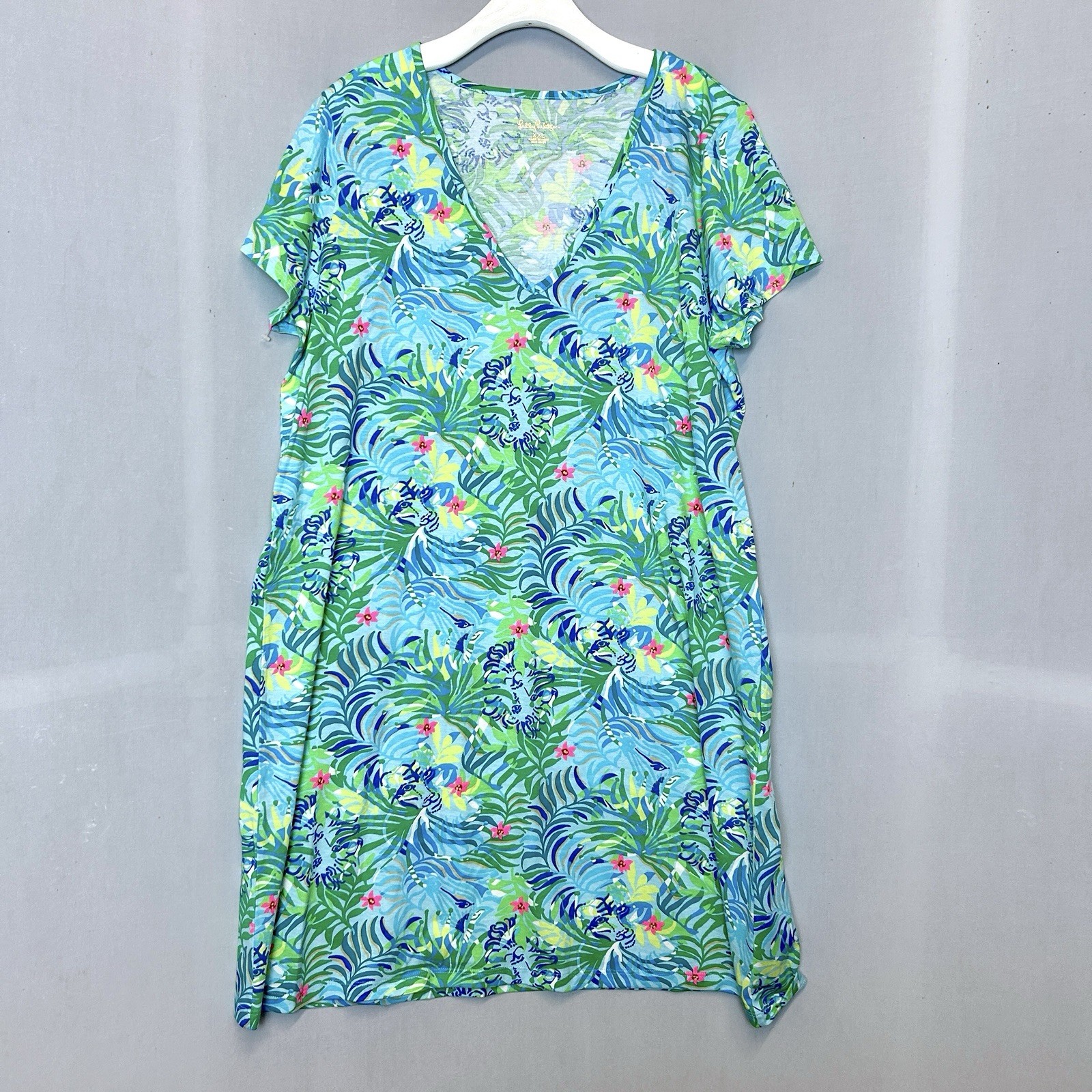 Lilly Pulitzer Dress Extra Large Blue Green Etta Short Sleeve Via Parigi Lions