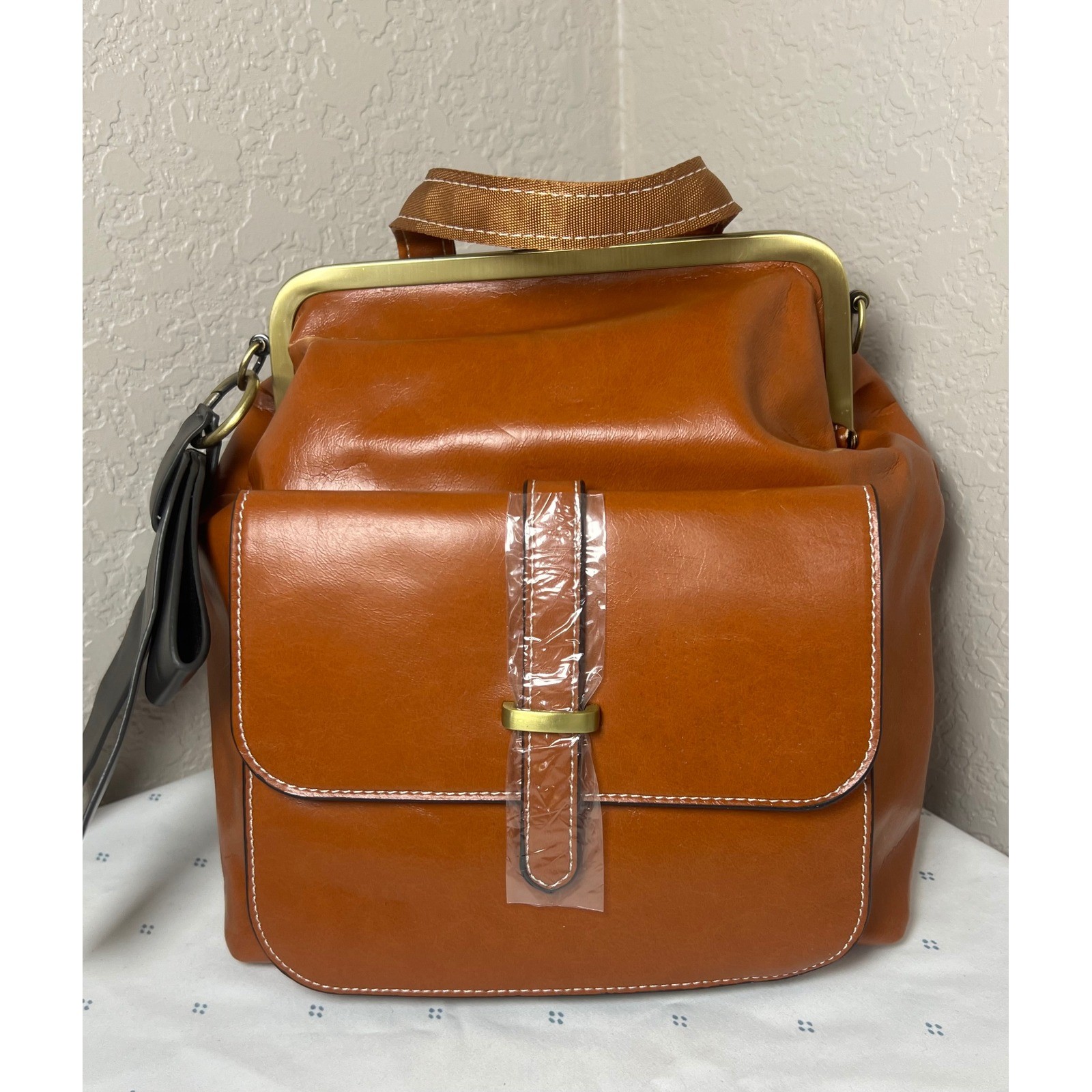Walasa Love Bag Cognac Brown Split Leather Kiss Lock Convertible Backpack Bow