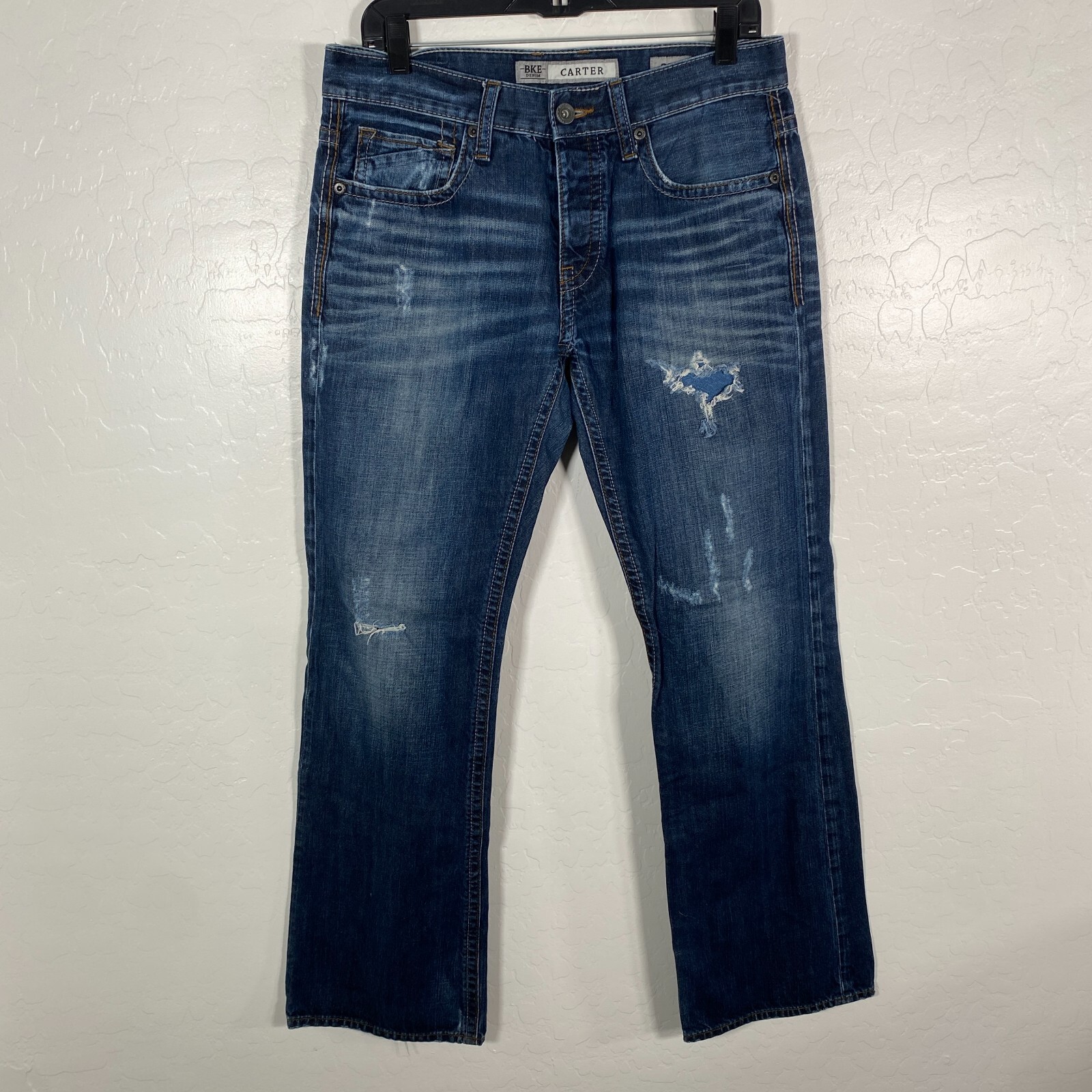 BKE Buckle Jeans Mens 31R x 32 Carter Boot Cut Distressed Denim Dark Wash