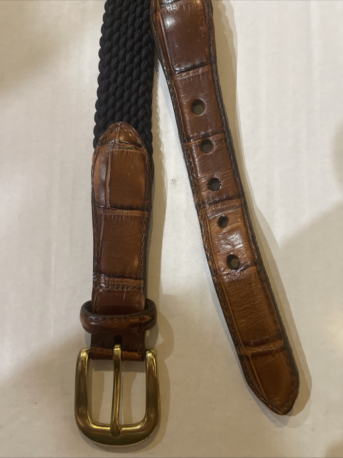 Brighton Woven Stretch Belt Mens 34 Navy Blue Croc Trim Brass Buckle Vintage EUC