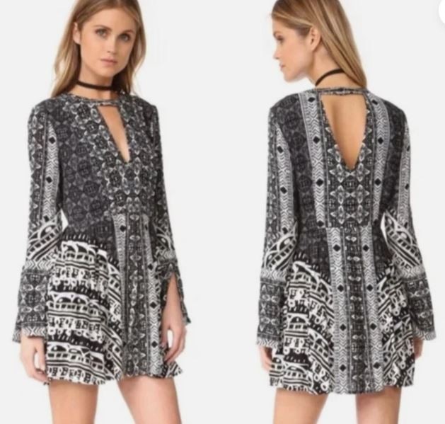 Free People Tegan Border Print Boho Short Dress Tunic Black/Gray Size 4