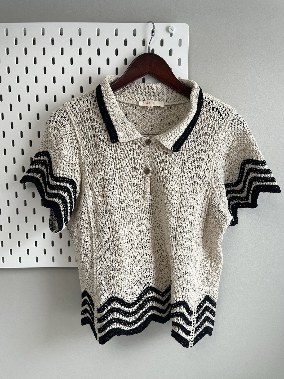 Solitaire Open Knit Crochet Polo Top Women’s M Coastal Nautical Resort Sweater