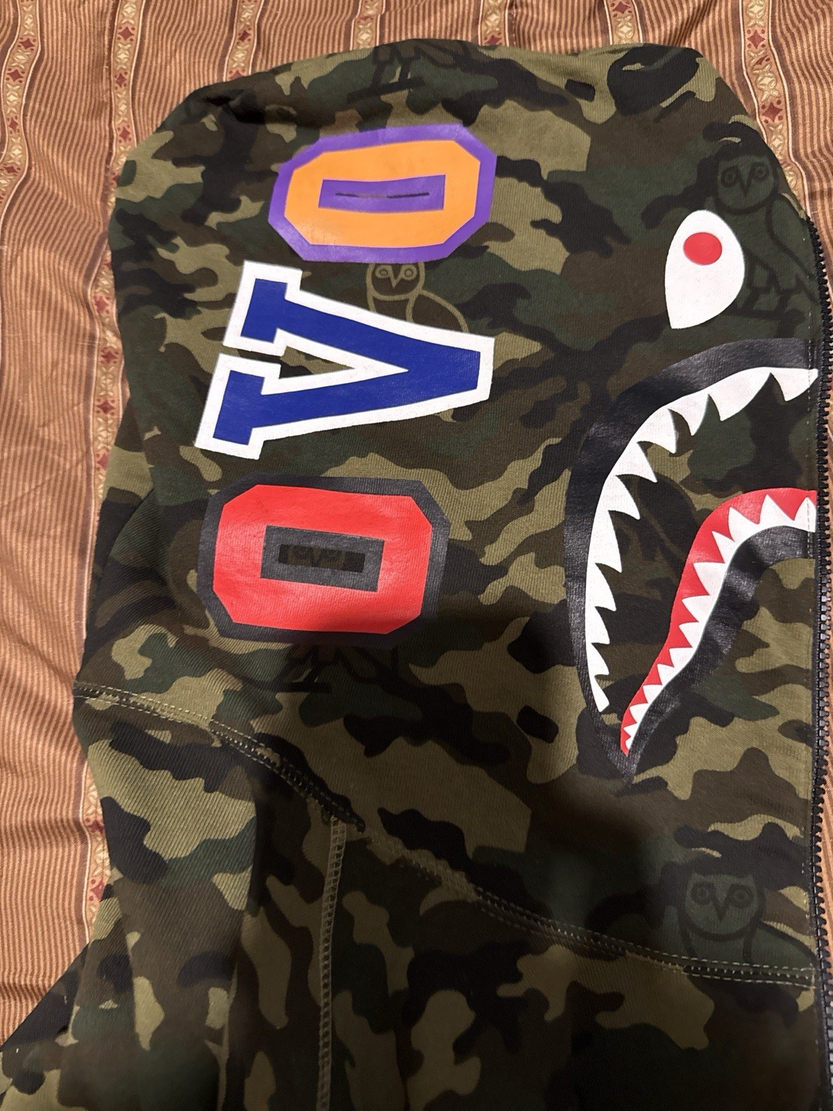 A Bathing Ape x OVO Full Zip Shark Camo Cotton Fleece Hoodie Black/Green XL