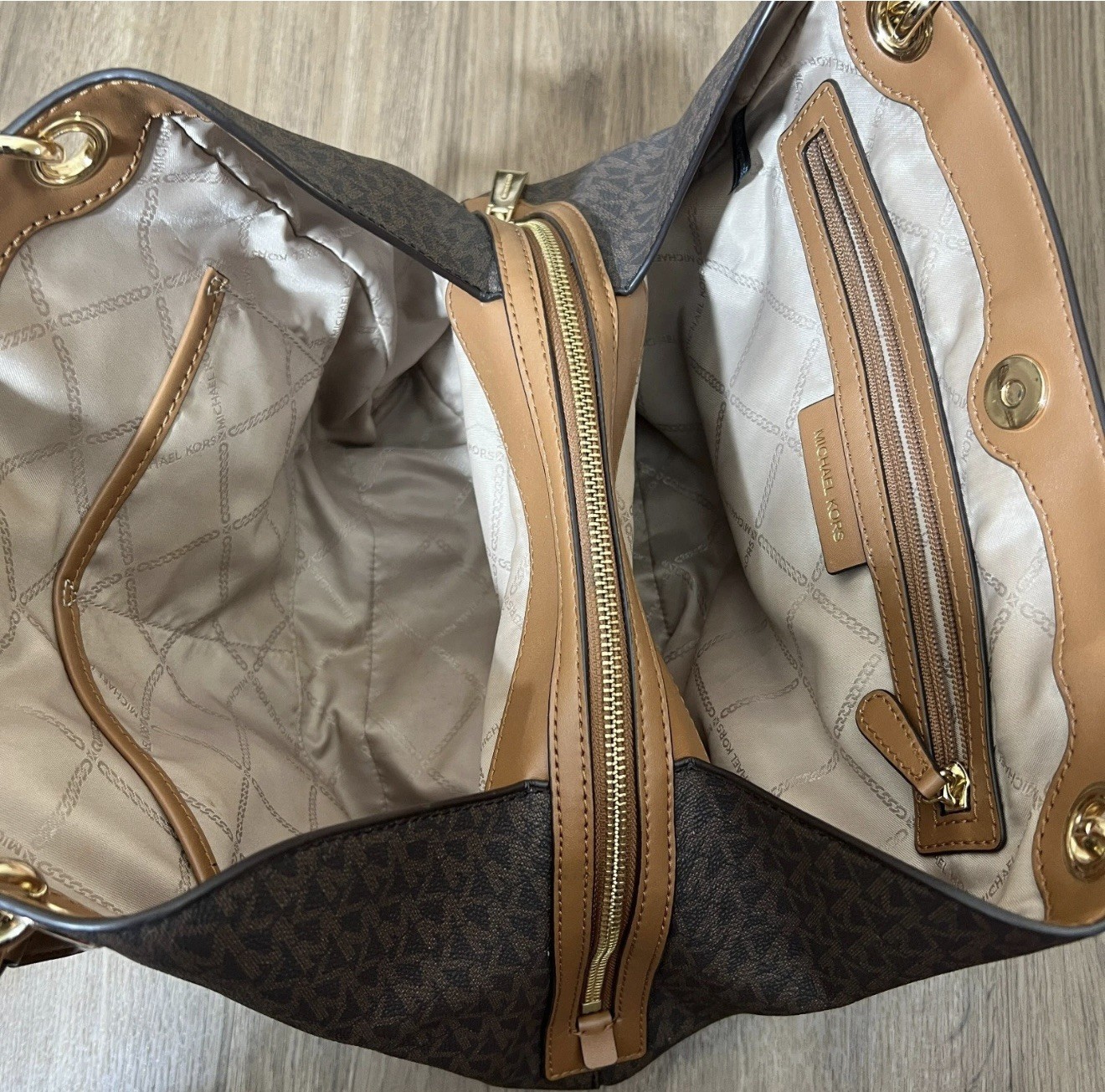 Michael Kors Kensington Large Tote Brown MK Signature Trim Gold Hardware