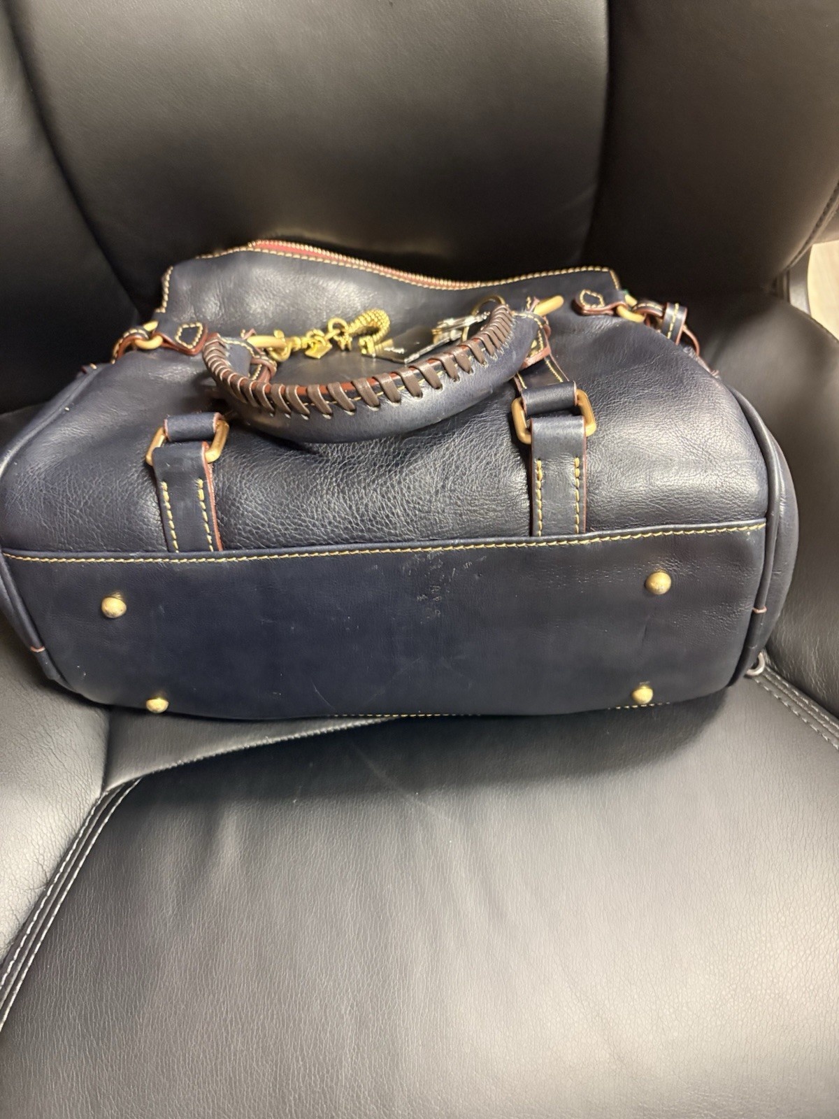 Navy Medium Satchel Top Handle Zip Tassel Green Lining Gold Hardware Strap