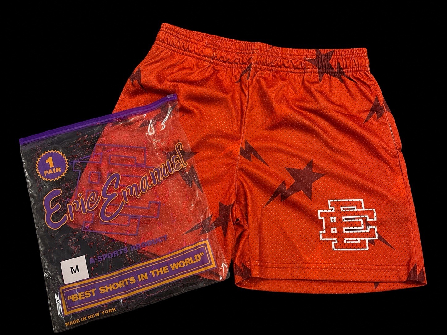 Eric Emanuel EE Lightning Star Mesh Shorts Red Black Size Medium New