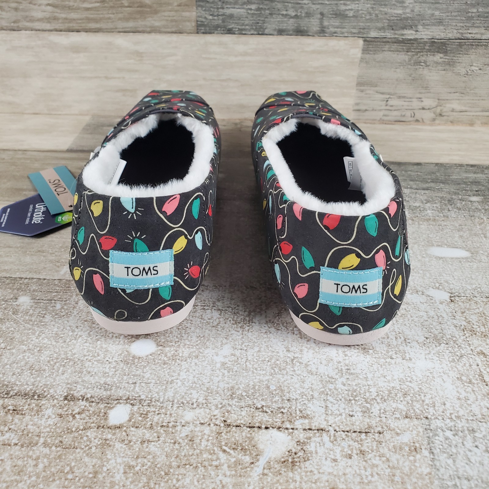 Toms Alpargata Womens Flat 9.5 Black Forged Iron Tree Lights Print Slip On Shoes