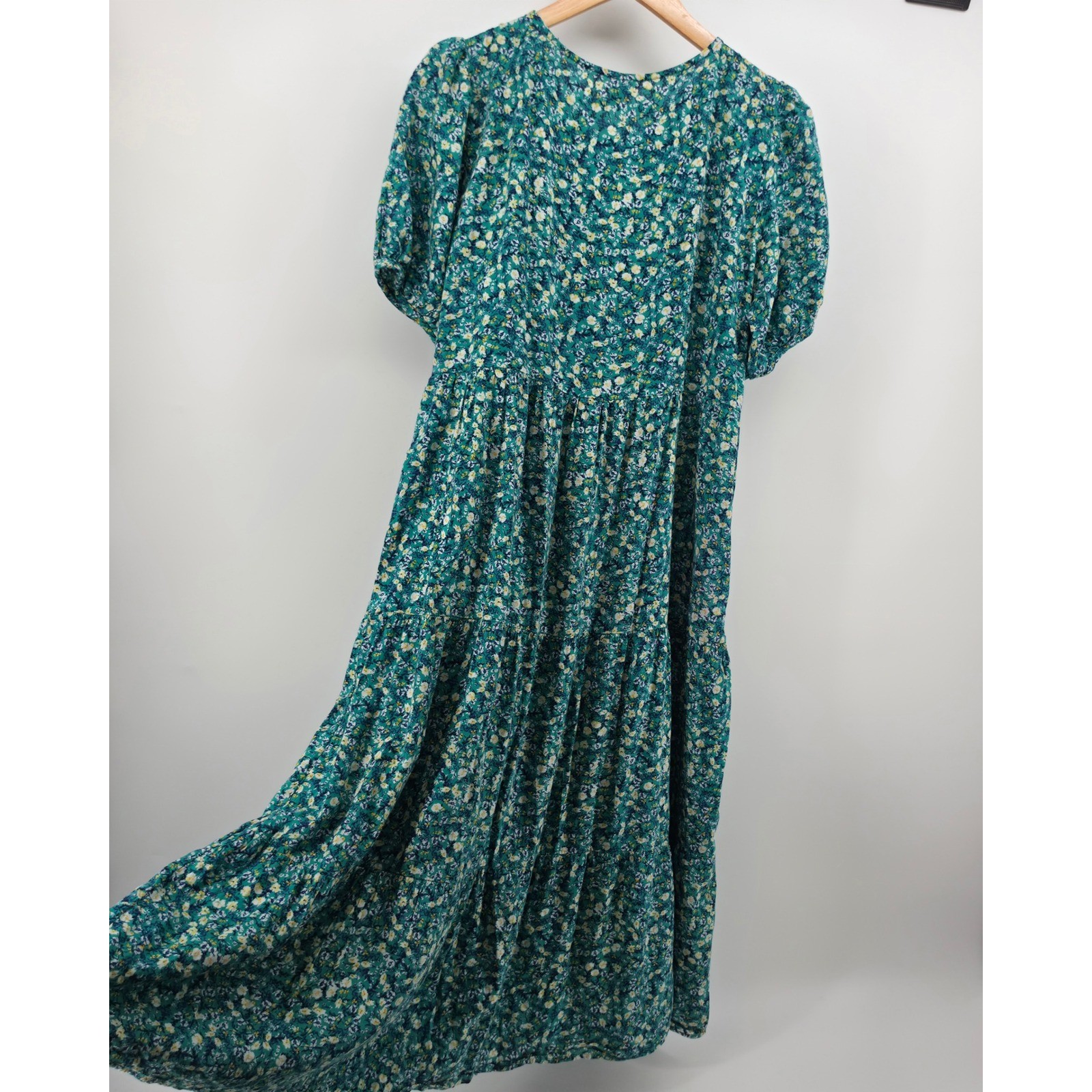 Old Navy Teal Green Floral Tiered Maxi Dress Puff Sleeve Button Front Womens M