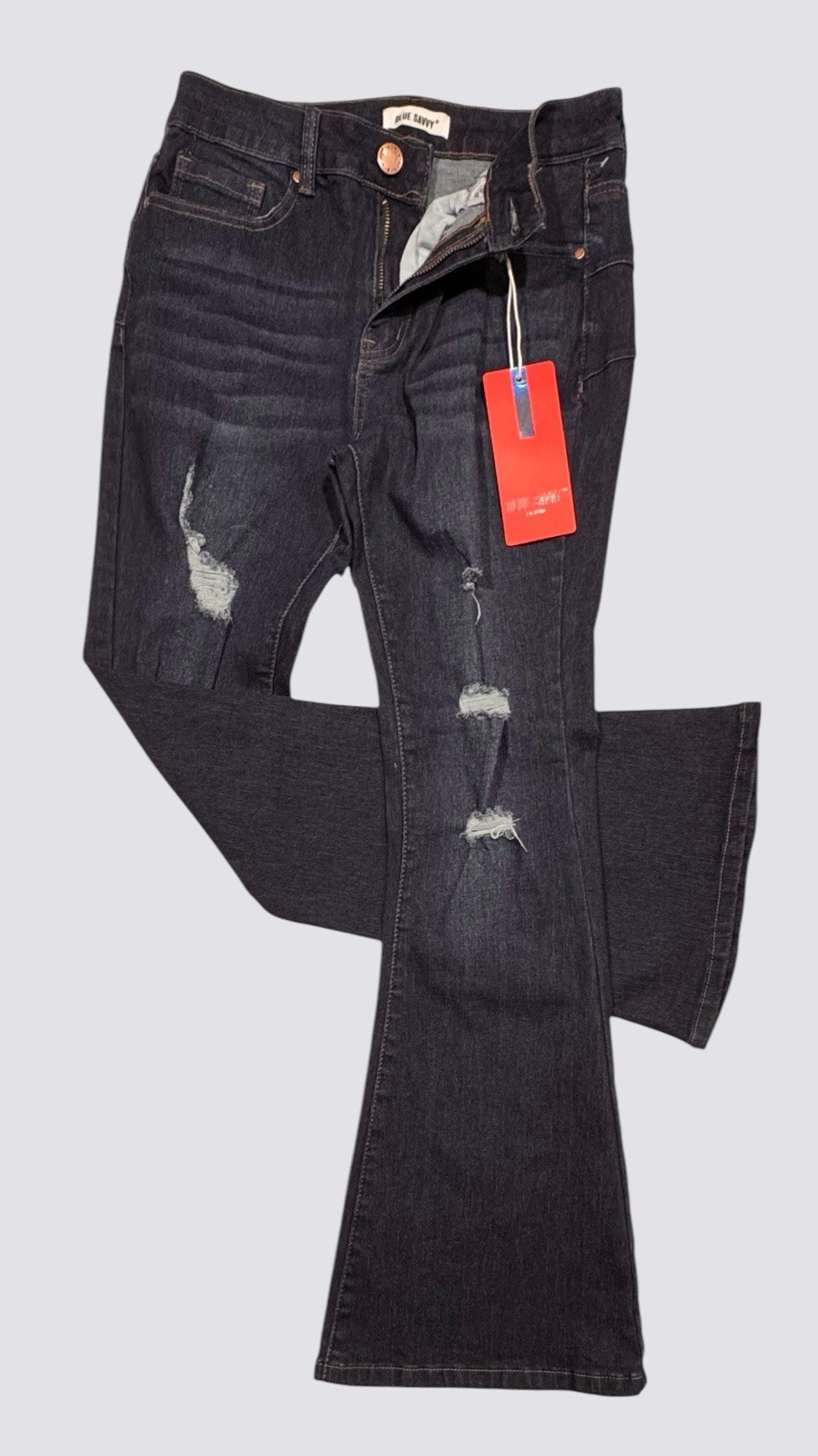 NWT Blue Savvy Women Dark Denim Jeans Sz 7/28 Distressed Flare Stretch Mid Rise