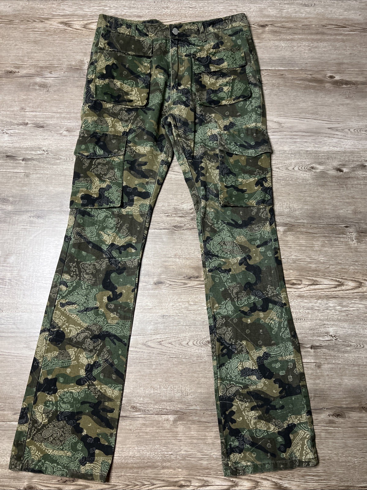 BoohooMan Stacked Pants Mens 32 Camo Bandana Print Cargo Pocket Flare Leg NWT