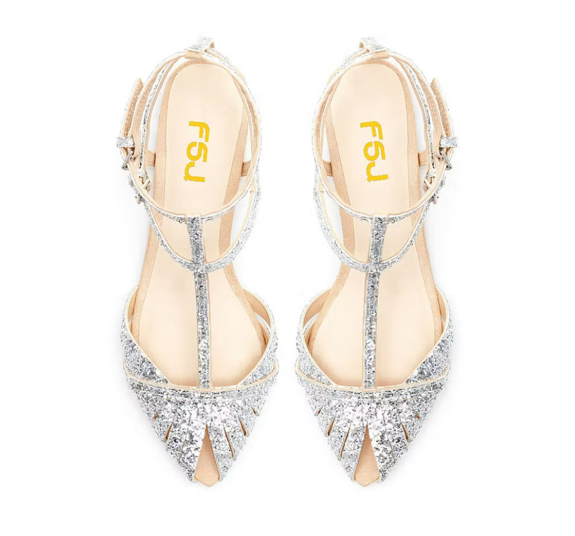 FSJ Silver Glitter Wedding Flats Pointed Toe Cut Out T-Strap Sandals