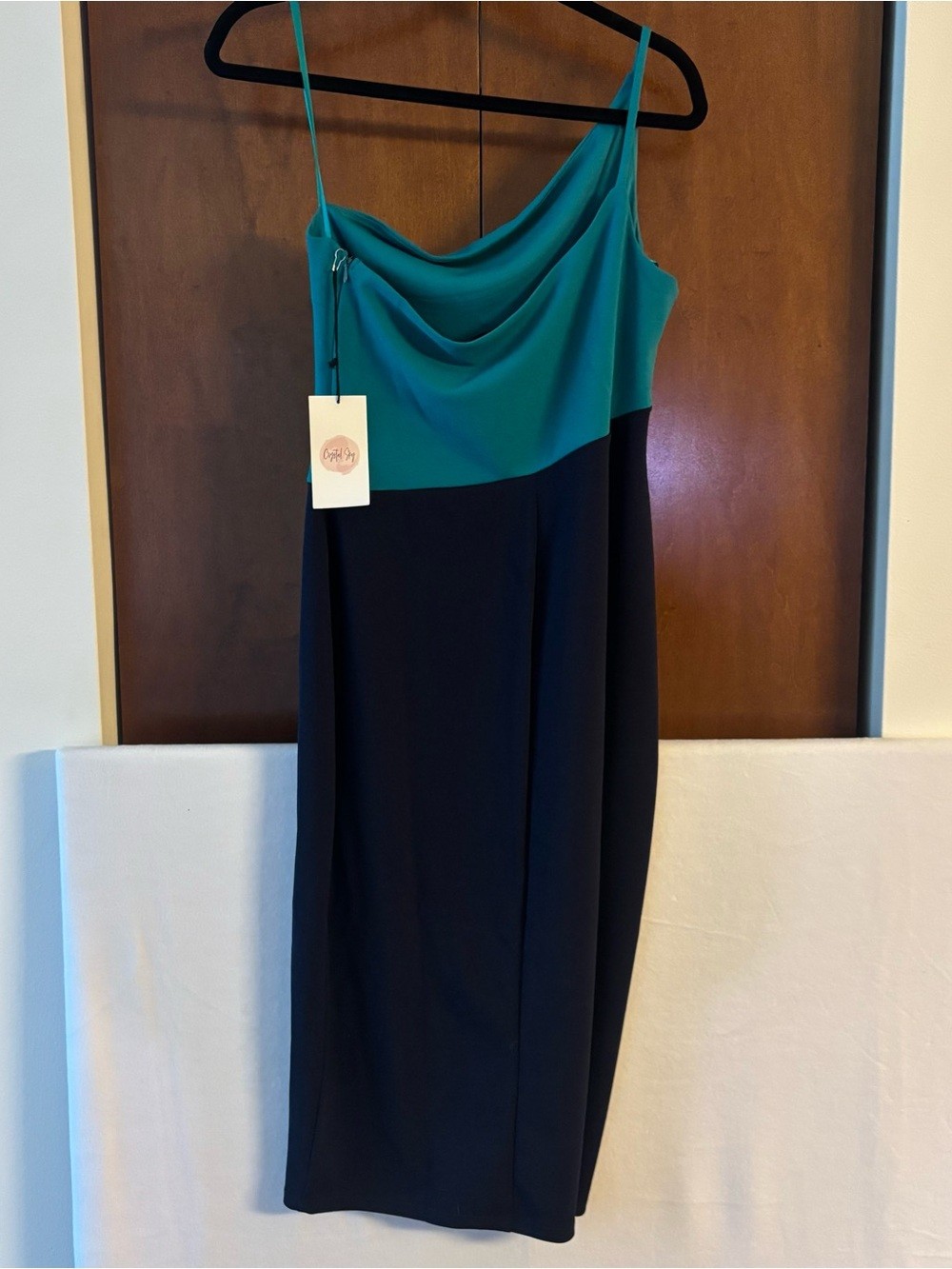 One-Shoulder Teal and Navy Colorblock Dress Sz L