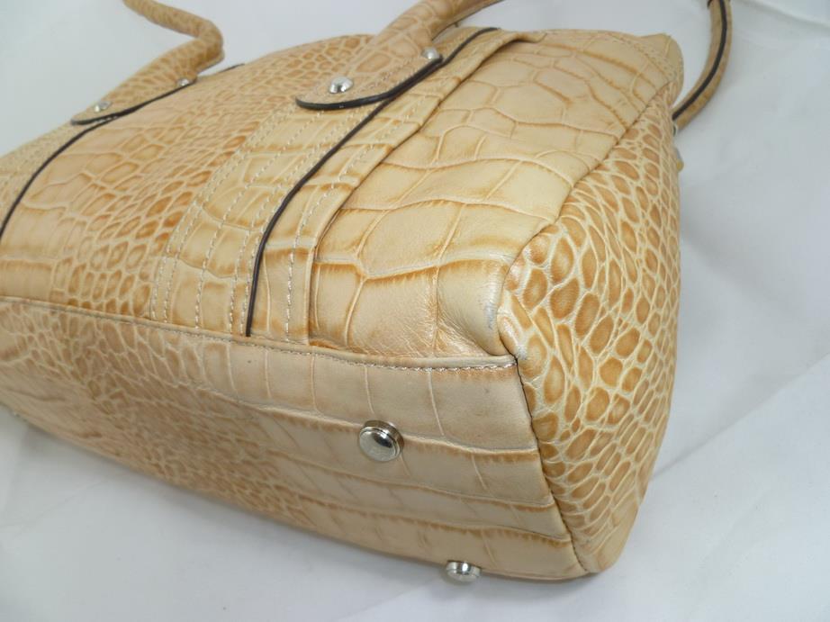 B MAKOWSKY USED CROC EMBOSSED KHAKI LEATHER FOLD OVER TOTE/SHOULDER BAG/SHOPPER