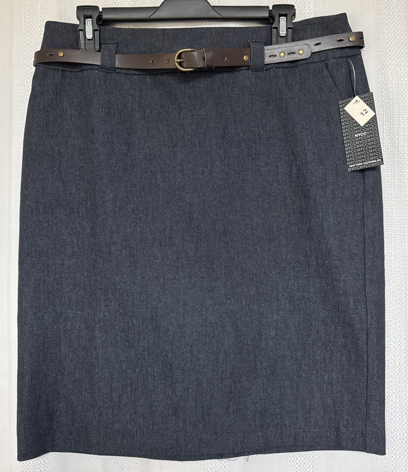 NYCC Women’s Skirt Denim Back Slit, Belted, Pockets, Blue SZ12 W32″/L23″ NWT