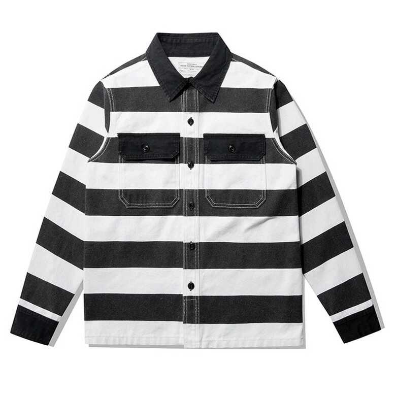 Men’s Vintage Style Biker Rider Jacket Retro Prisoner Striped Canvas Overshirt