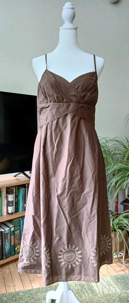 LOFT Sz 4 Chocolate Brown Embroidered Sun Slip Sun Dress Flare Tank Tea Length