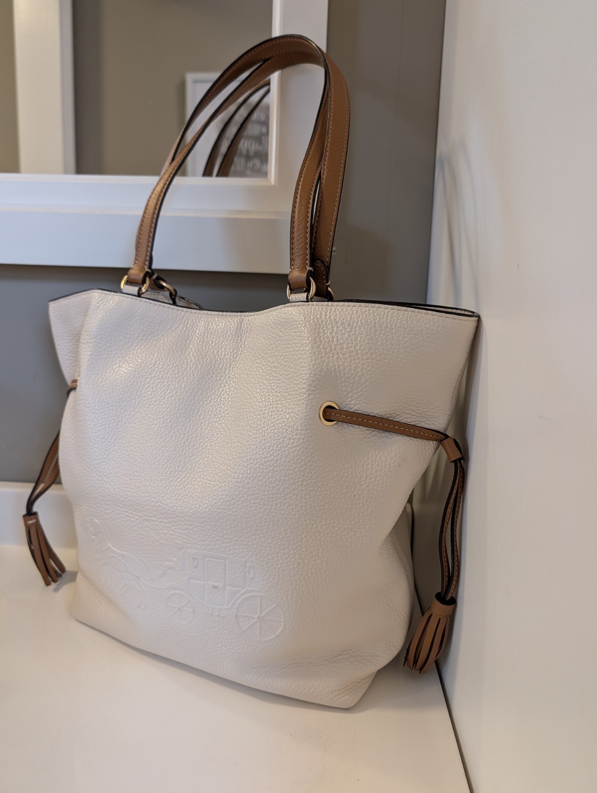Coach Andy Tote CA165 Horse and Carriage Chalk Pebble Leather Shoulder Tote