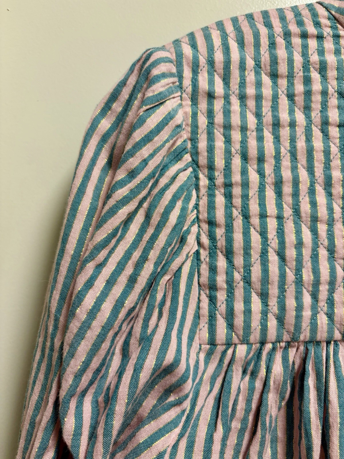 Boden Striped Metallic Quilted Shoulder Blouse Top UK 6 / US 2 Pink Teal Boho