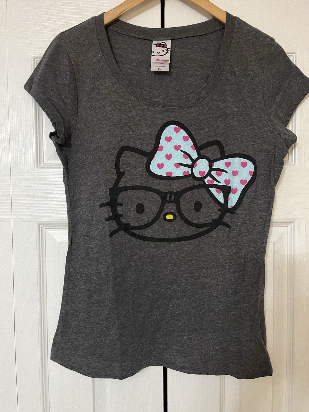 Sanrio Hello Kitty Wearing Glasses Shirt ,Dark Gray Size XL Poke Dots