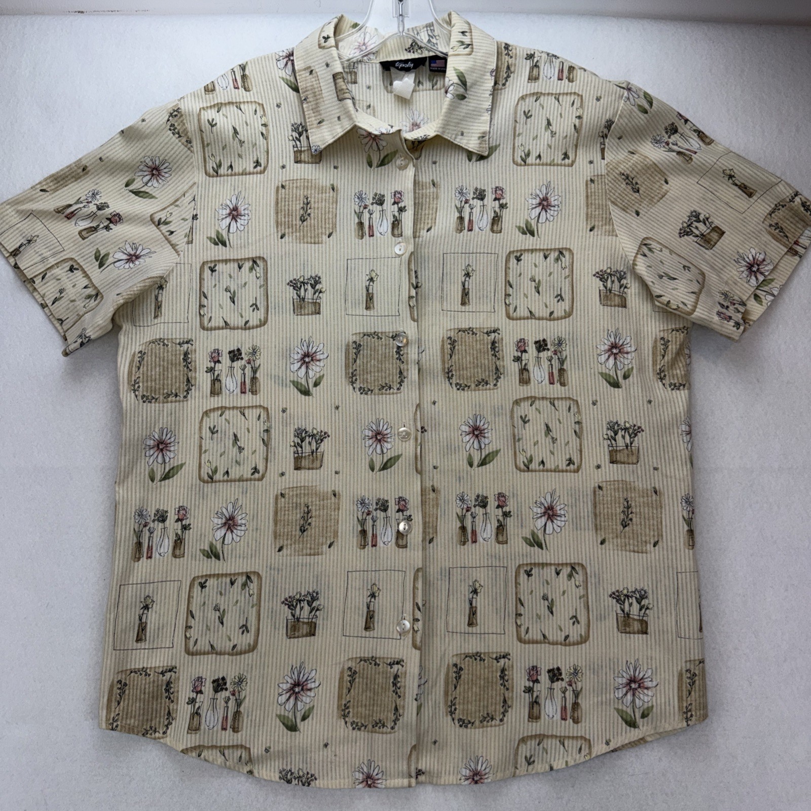 VTG 90s Tapestry Womens Country Print shirt Beige Subdued Size Large Made In USA