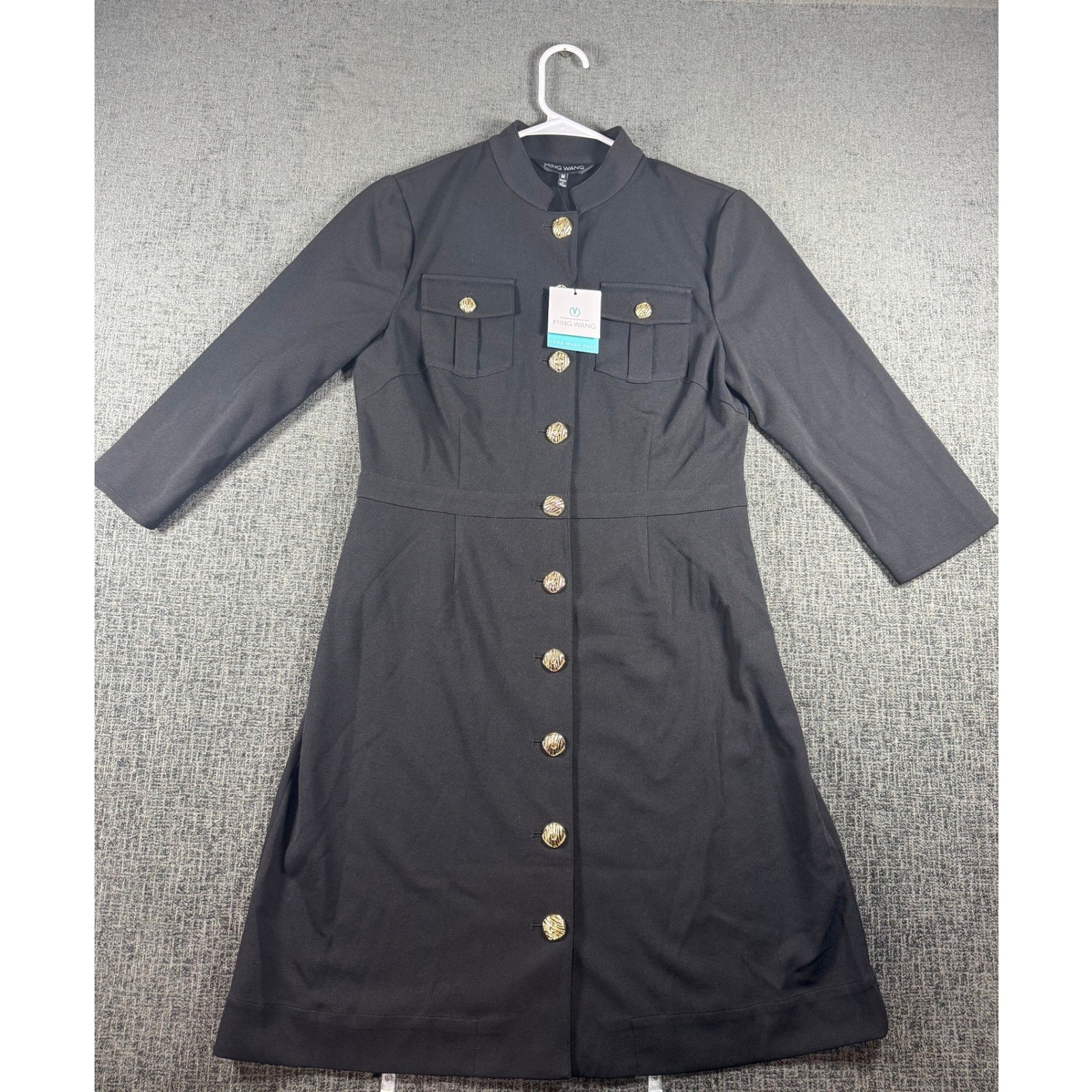 Ming Wang Black Knit Shirt Dress Gold Button Mandarin Collar Long Sleeve NWT M