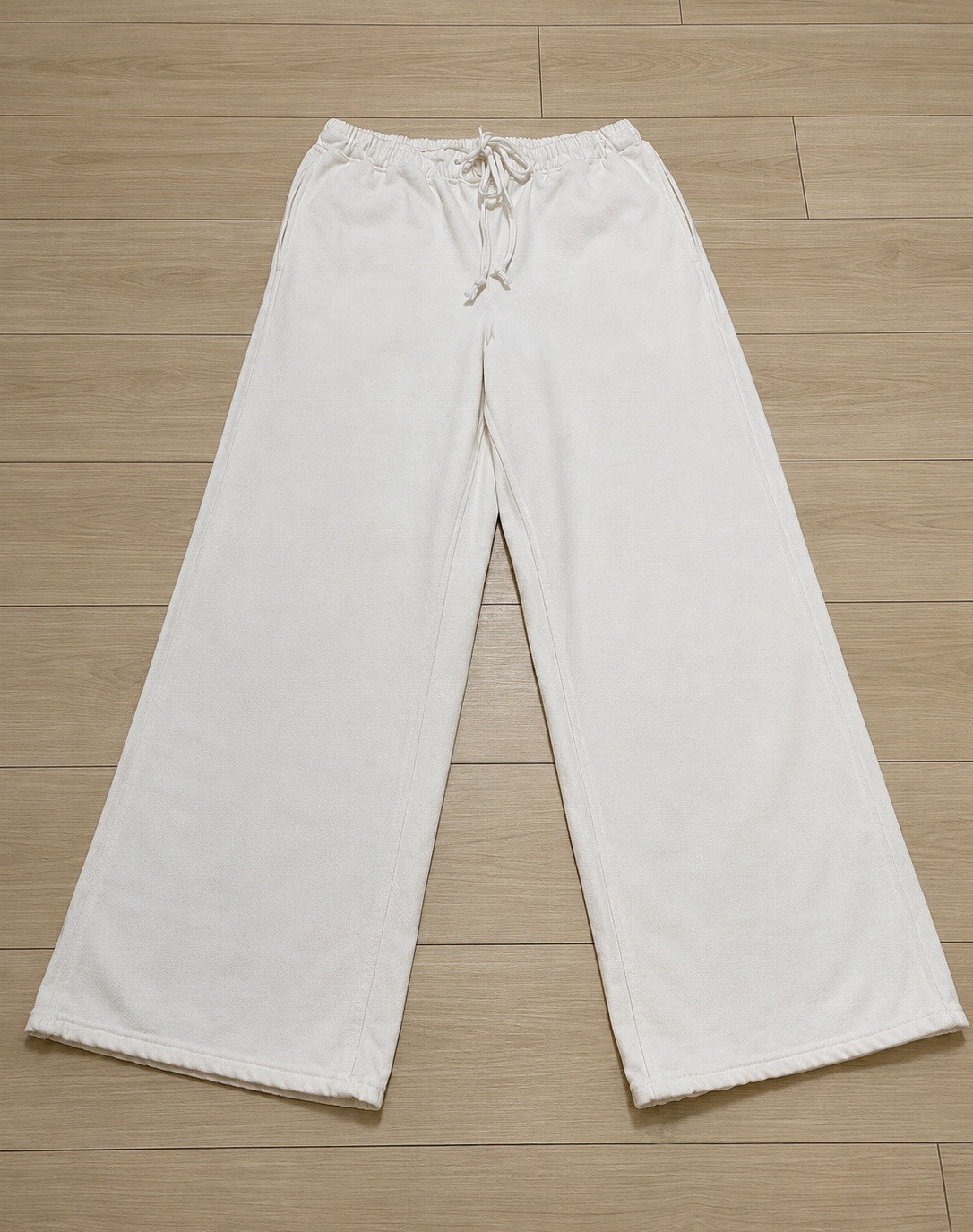 H&M Women’s White Cotton Denim Wide-Leg Pants Drawstring Waist Pockets Size L