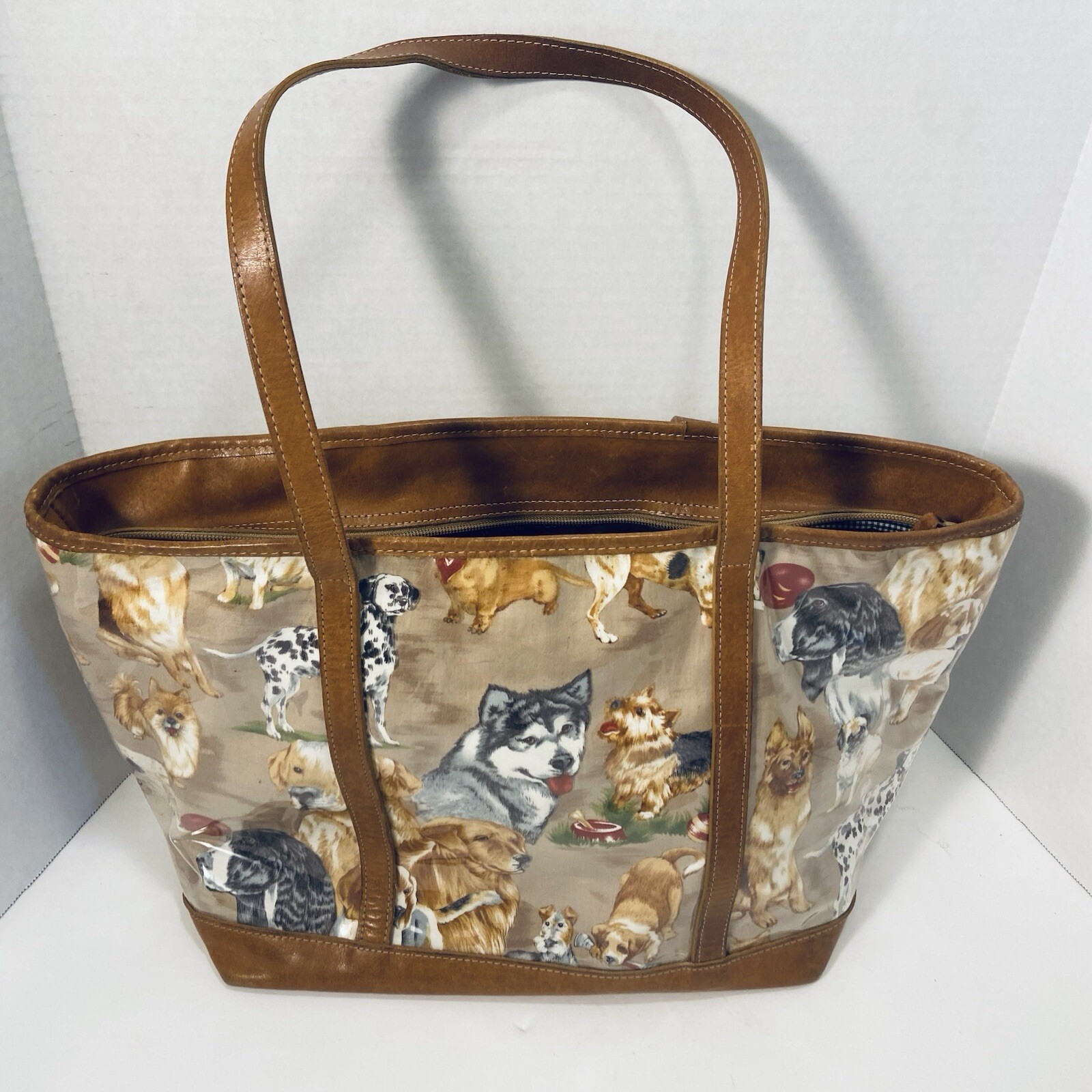 Clever Carriage Company All Over Dog Print PVC Brown Leather Old World Tote Bag