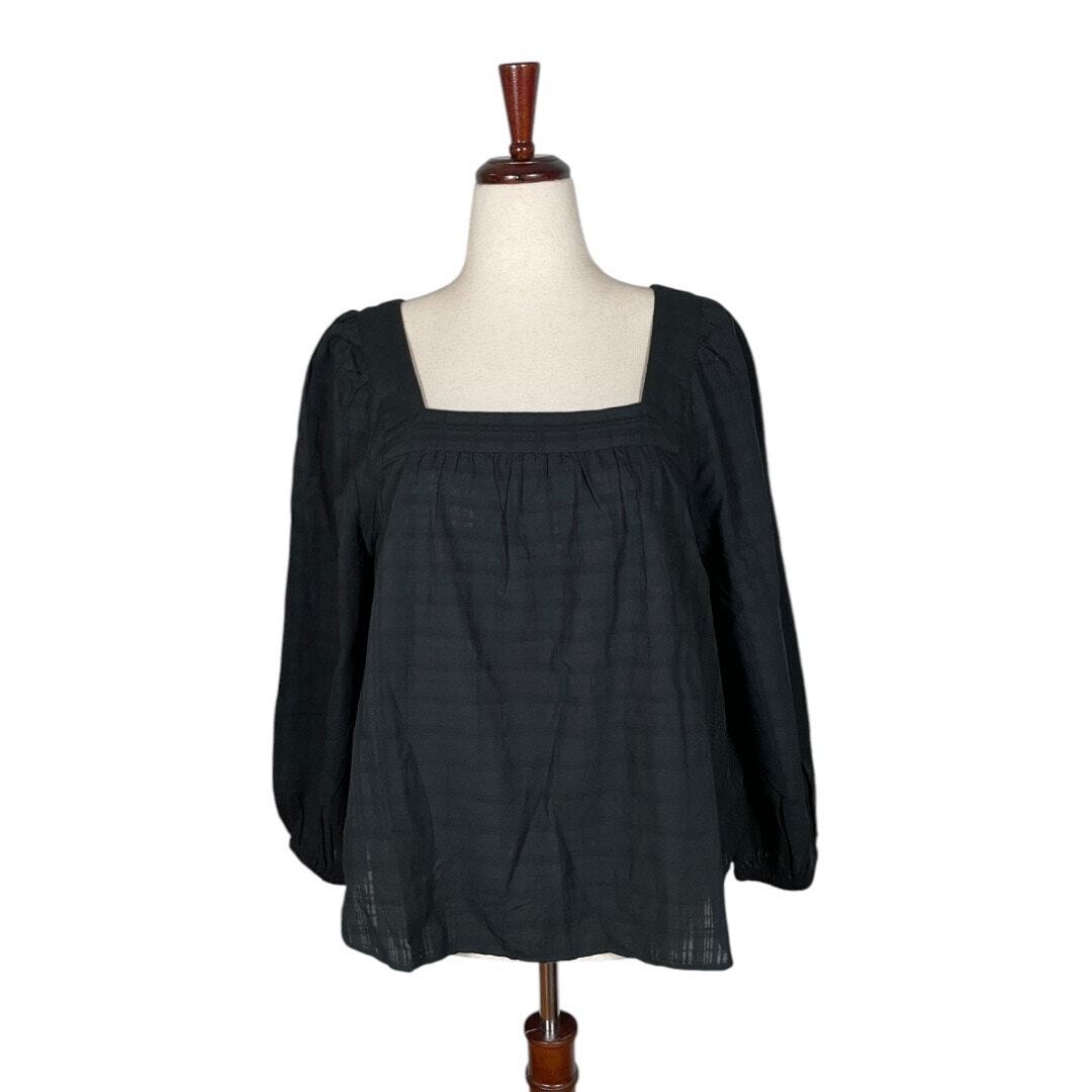 NEW $88 Madewell Square-Neck Bubble-Sleeve Top in Plaid-True Black++ Size: S