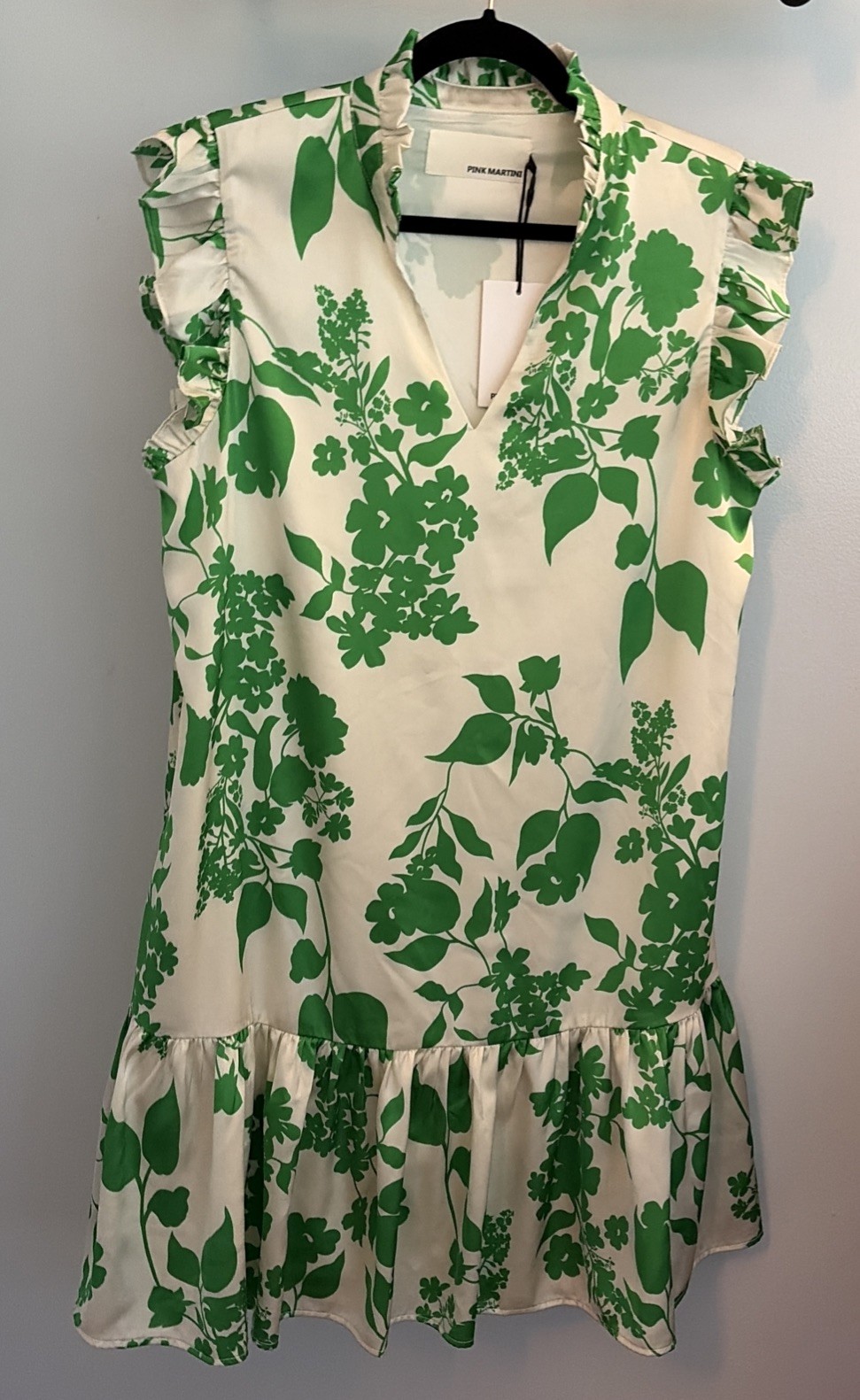 NWT $104 Pink Martini Size XL Green White Floral Print Drop Waist Dress Ruffles