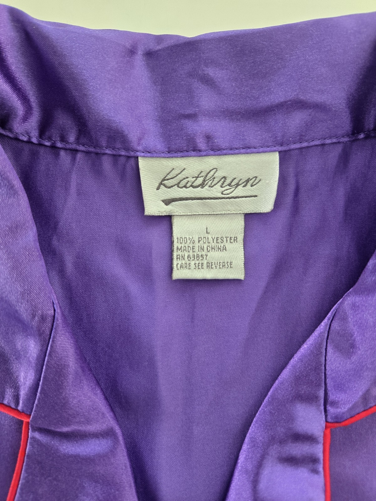 Purple Satin Two-Piece Pajama Set with Red Accent Print Size L