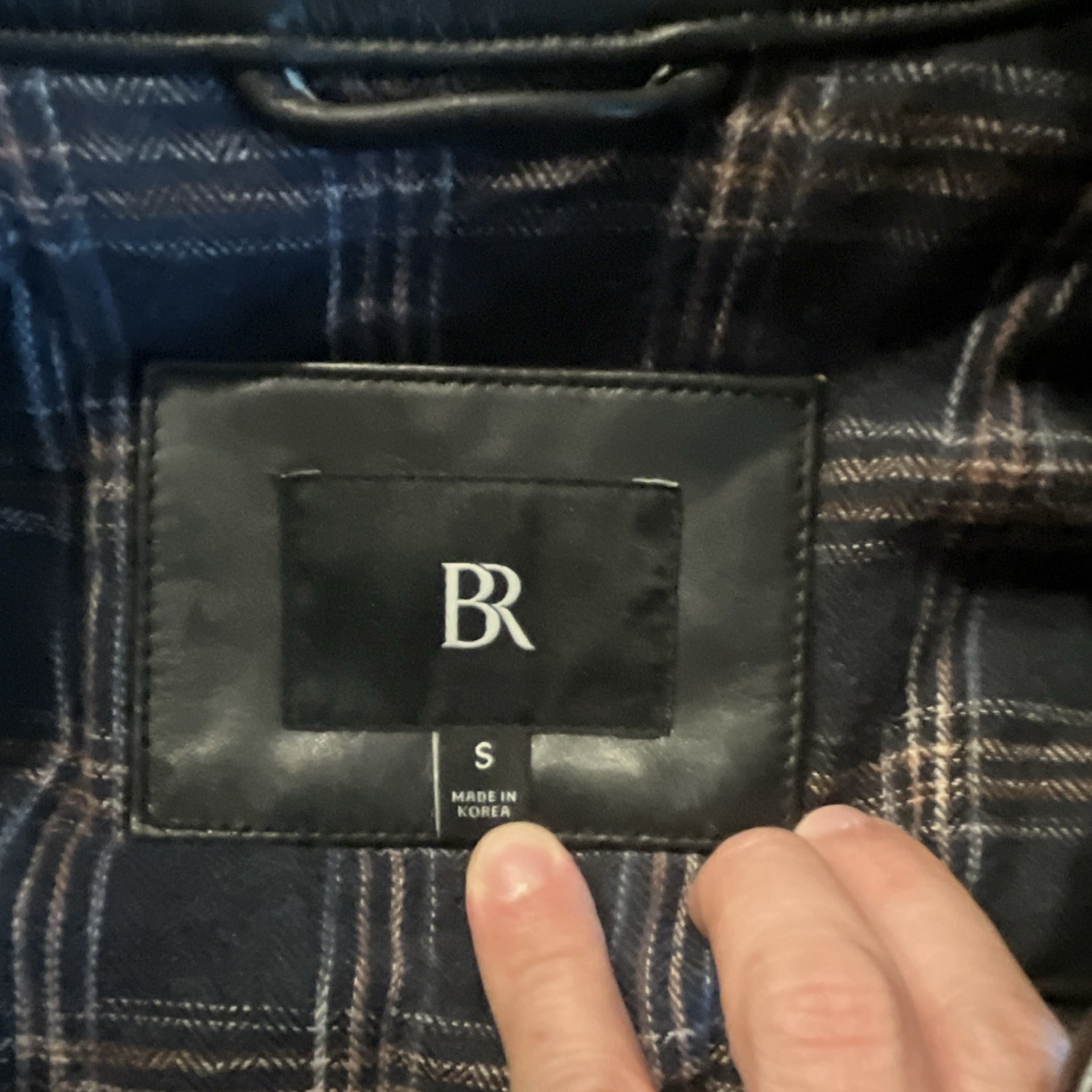 BR Men’s Black Leather Biker Jacket Full Zip Zipped Pockets Plaid Lined S