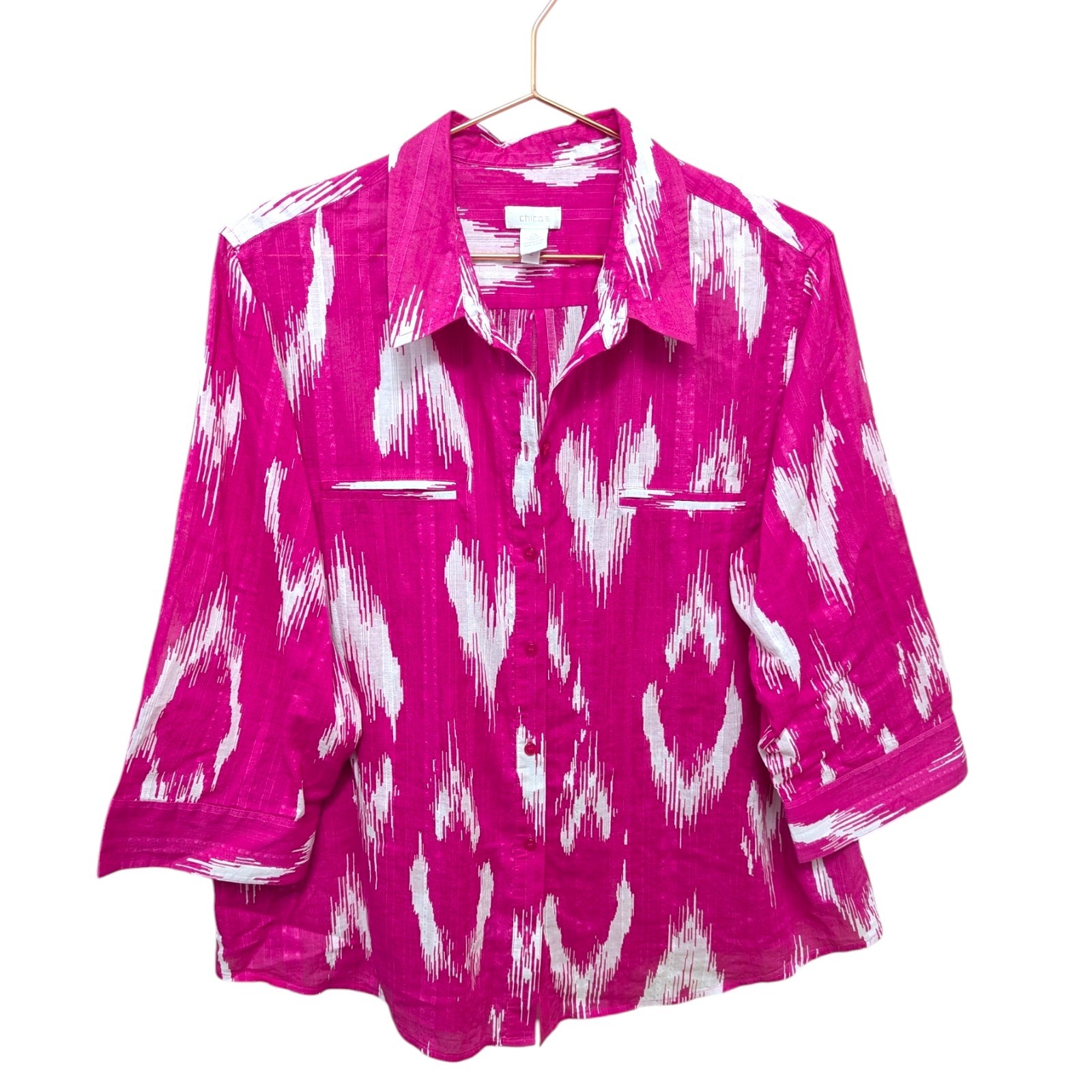 Chico’s Button Down Up Shirt Top Size 3 Large Pink White Ikat Top Cotton Sheer