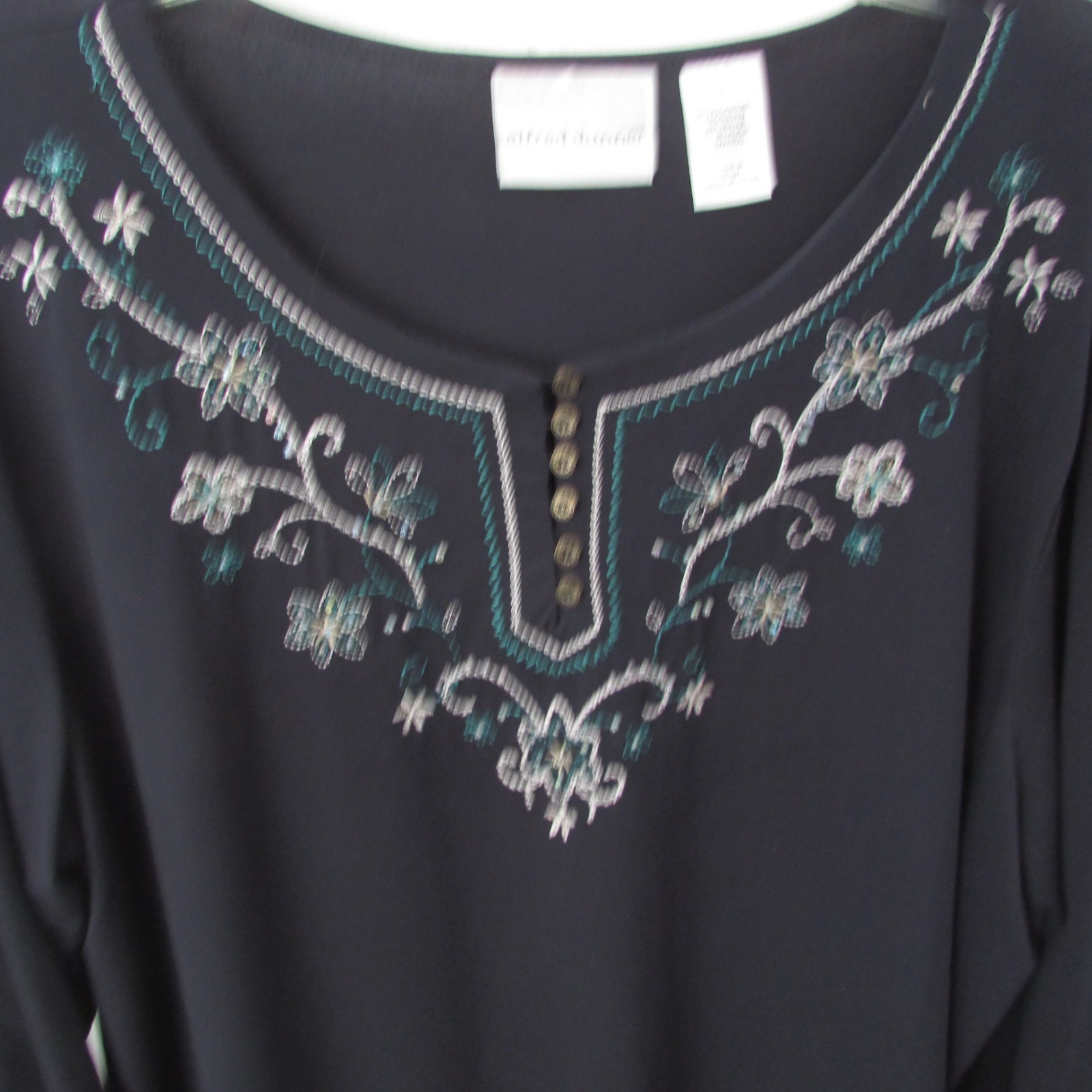 Alfred Dunner Black Embroidered Beaded Sequin 3/4 Sleeve Top L NWOT